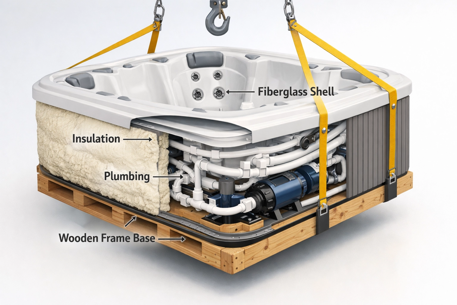 Hot tub cross-section showing internal construction and removal complexity
