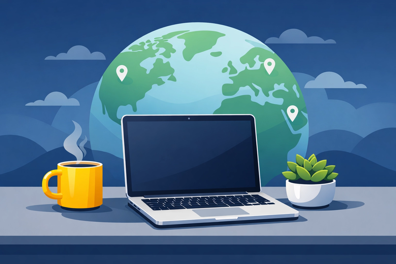 Modern remote workspace with a laptop and globe representing global virtual tax preparation services.