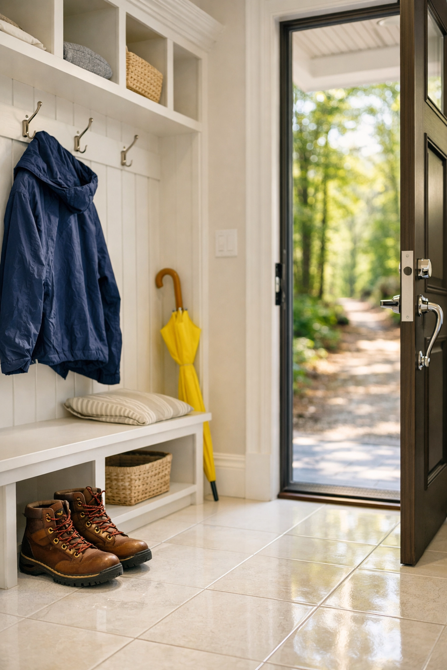Pristine white mudroom in a Lincoln home showing a clean sanctuary ready for outdoor adventures.