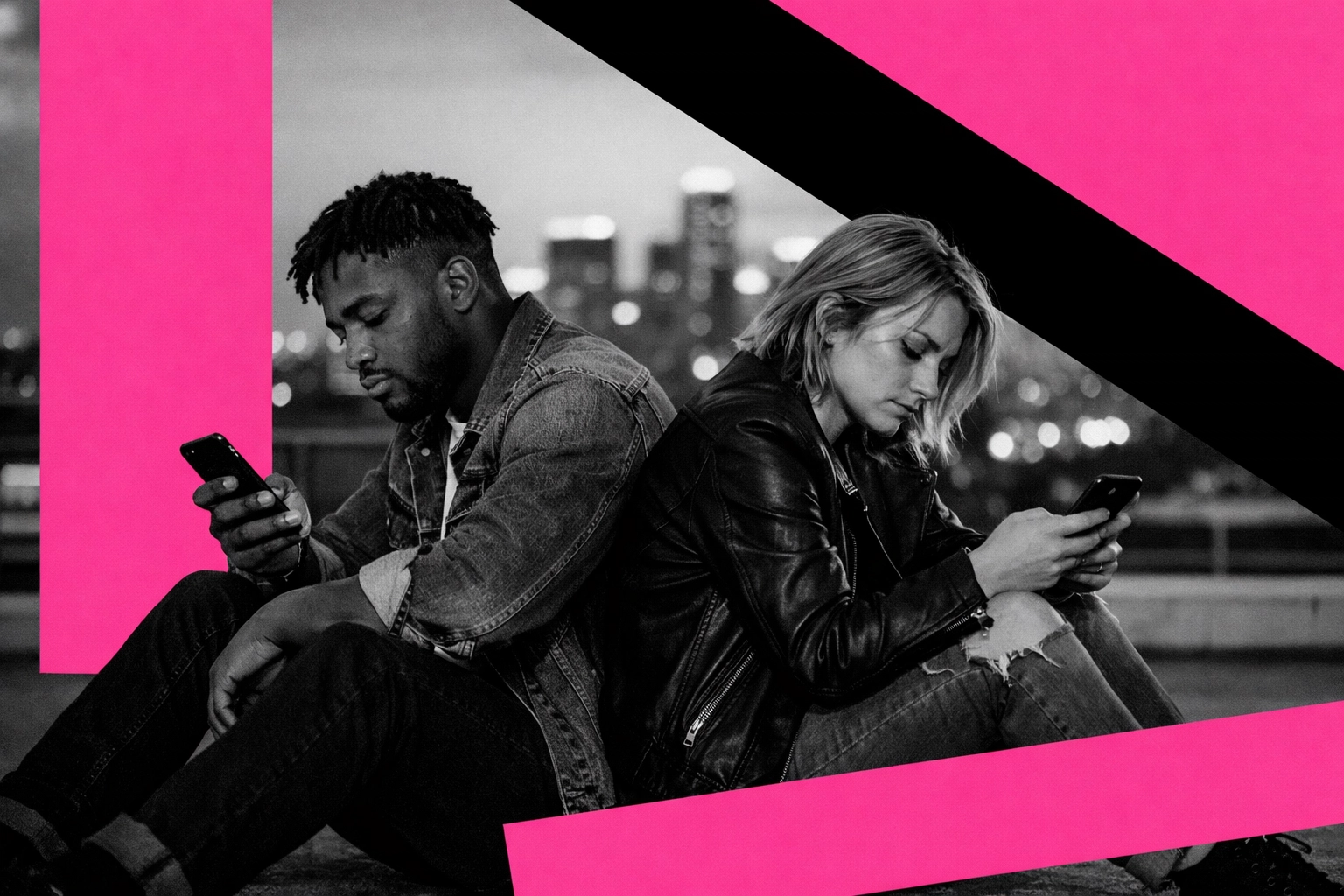 Couple disconnected on phones despite being together on urban rooftop