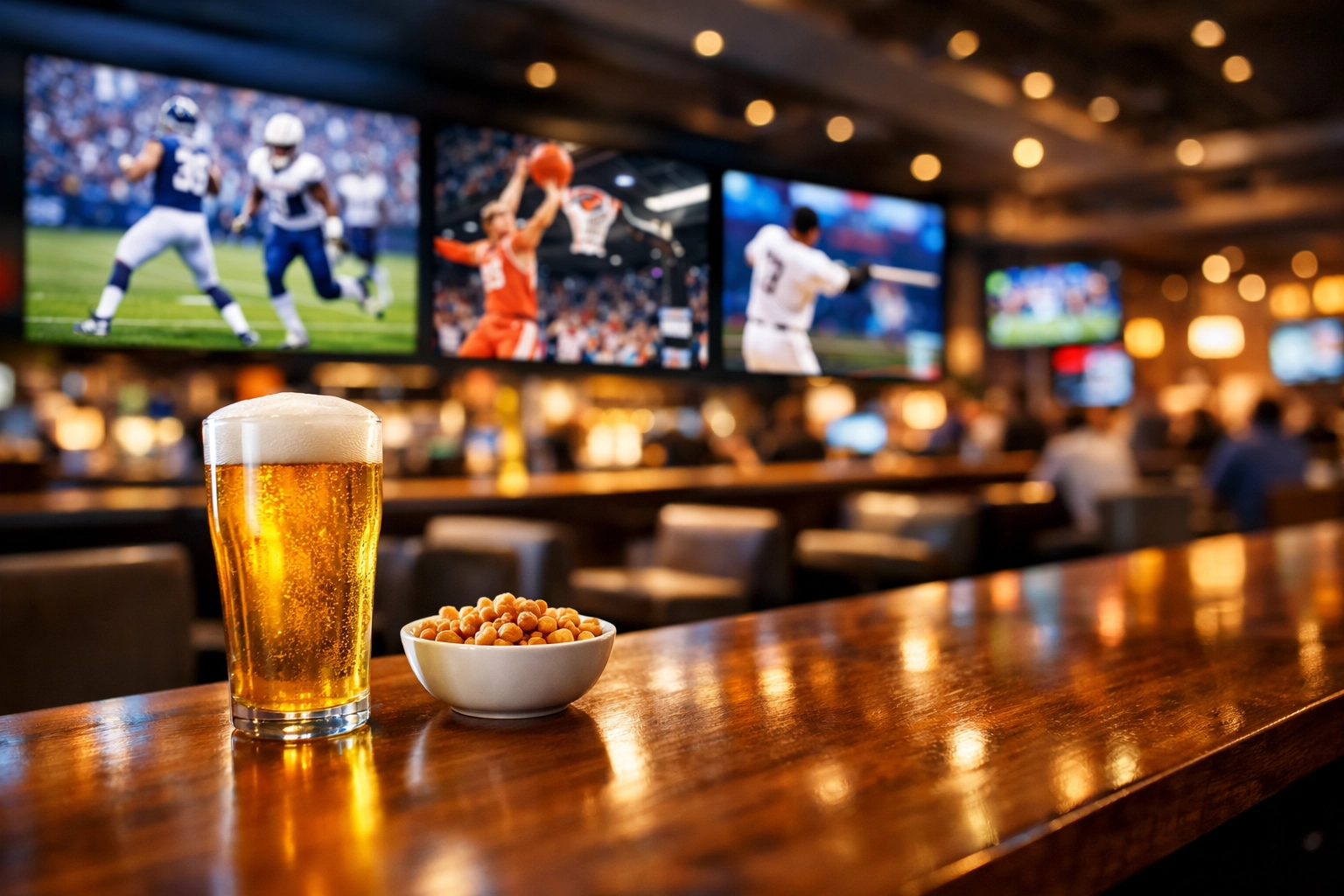 Digital advertising screens in a contemporary sports bar reaching fans in social settings.