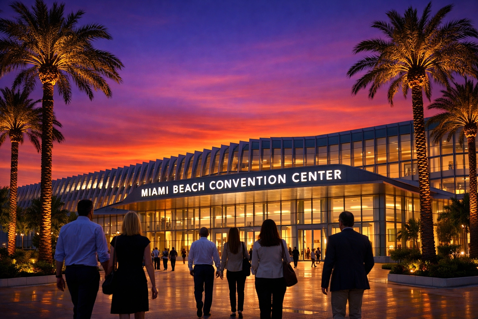 Exterior of Miami Beach Convention Center at dusk during a corporate event in Miami.