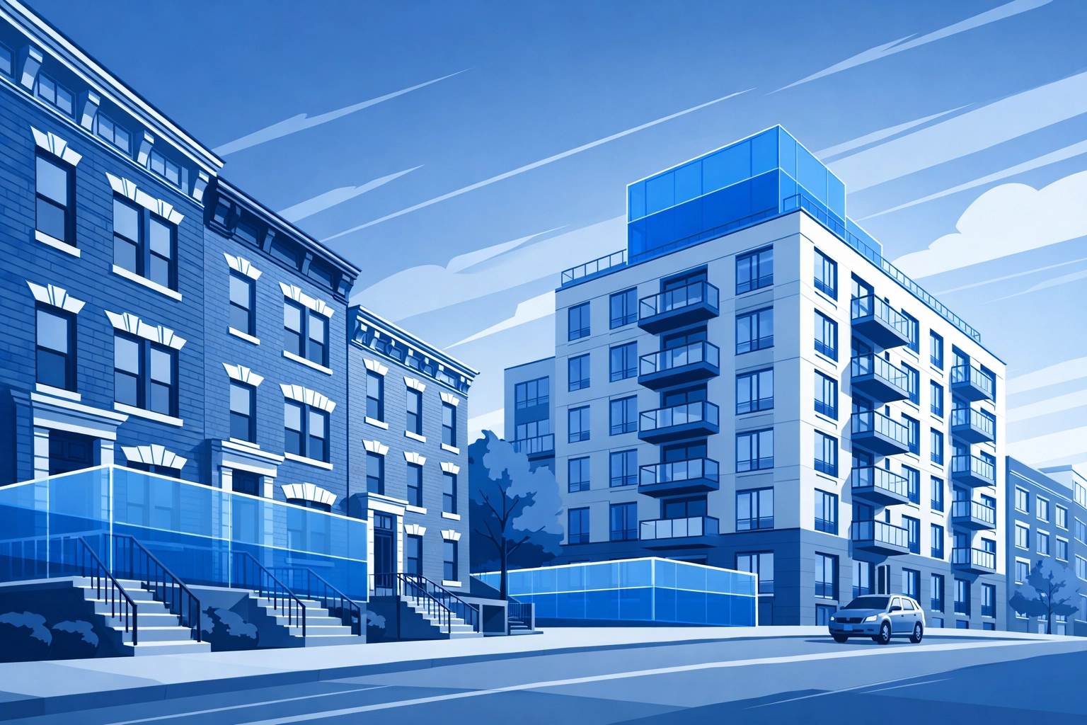 Illustration of Ridgewood apartment buildings showing square footage for Local Law 97 compliance.