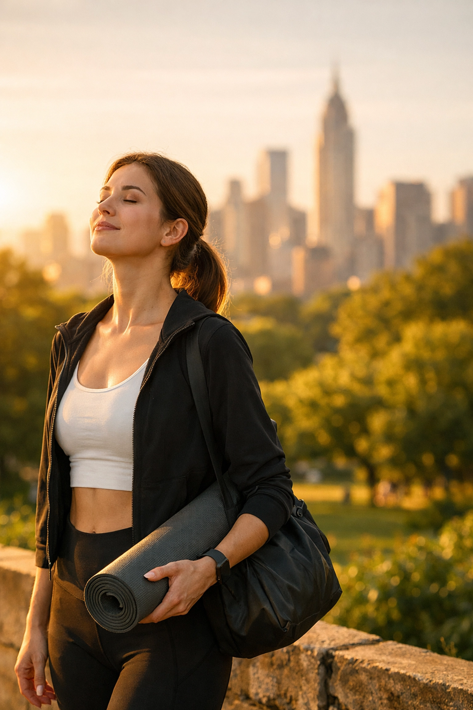 Woman enjoying mindful movement and body reconnection in a sun-drenched urban park.