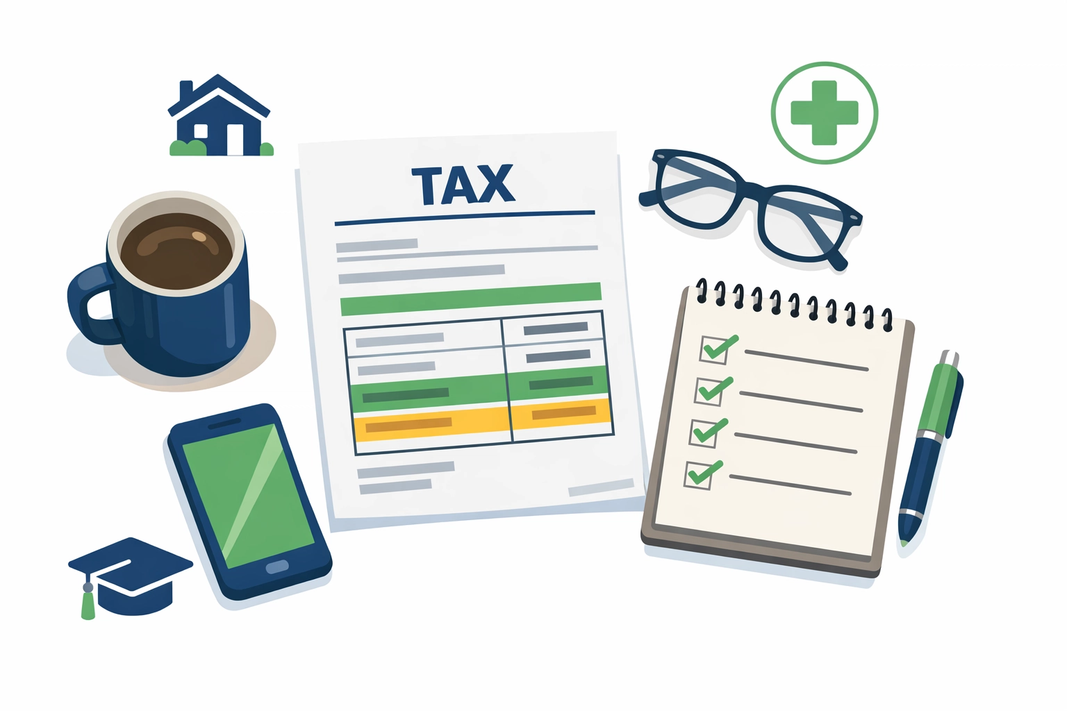 Professional tax preparer desk with organized documents showing deduction opportunities