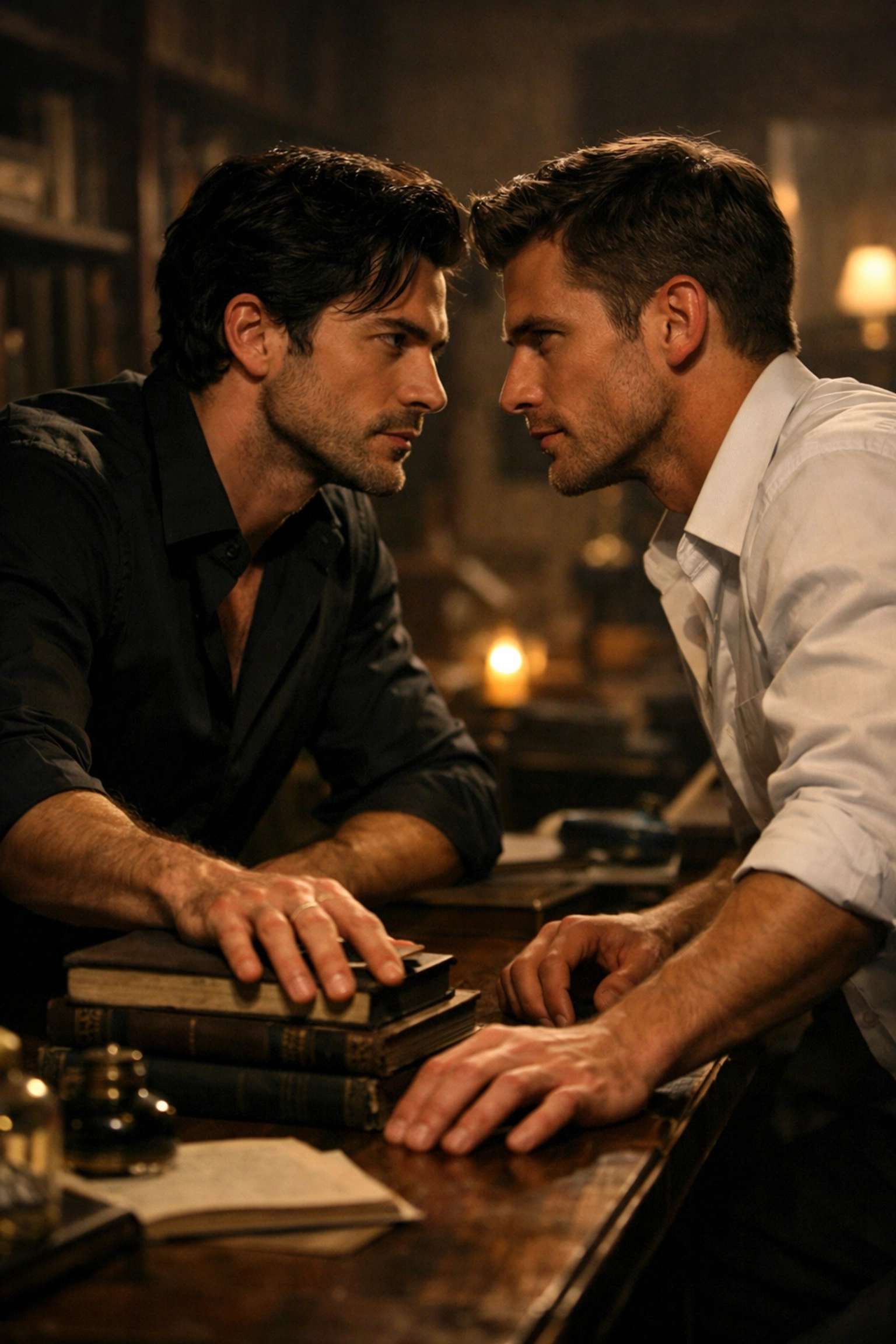 Two men share an intense, lingering gaze in a study, showing the emotional pining of a slow burn MM romance.