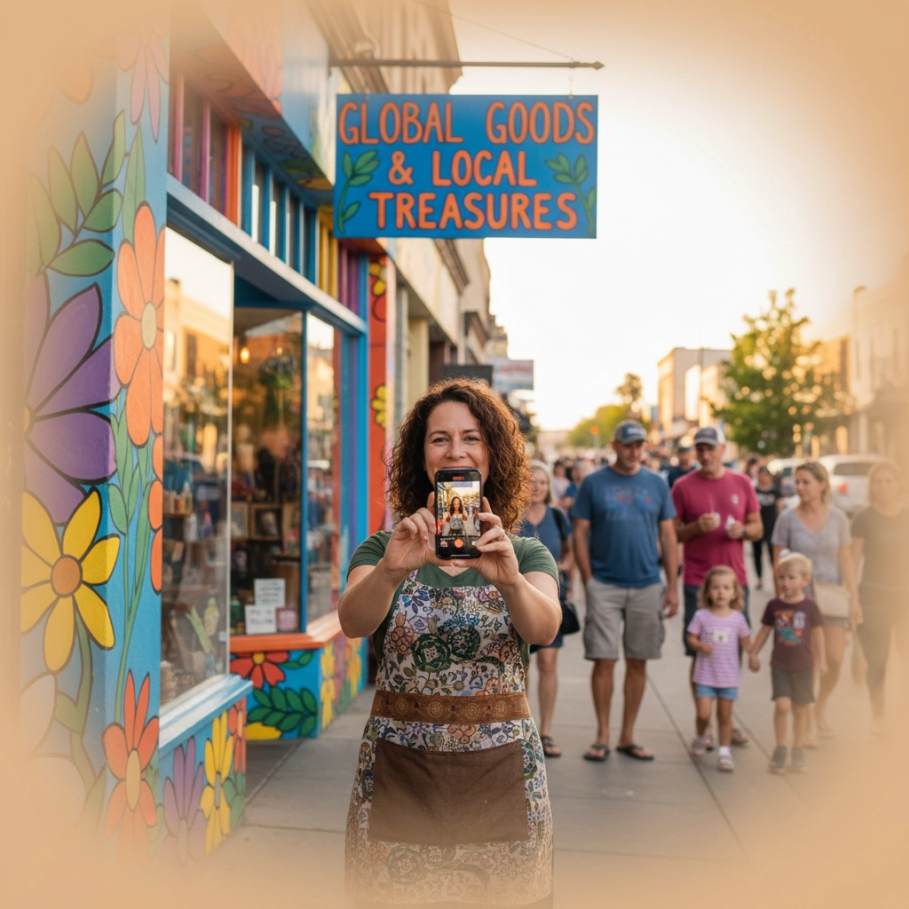 Smiling shopkeeper captures the vibrant scene outside "Global Goods & Local Treasures" on a bustling street, celebrating the community's lively spirit.


