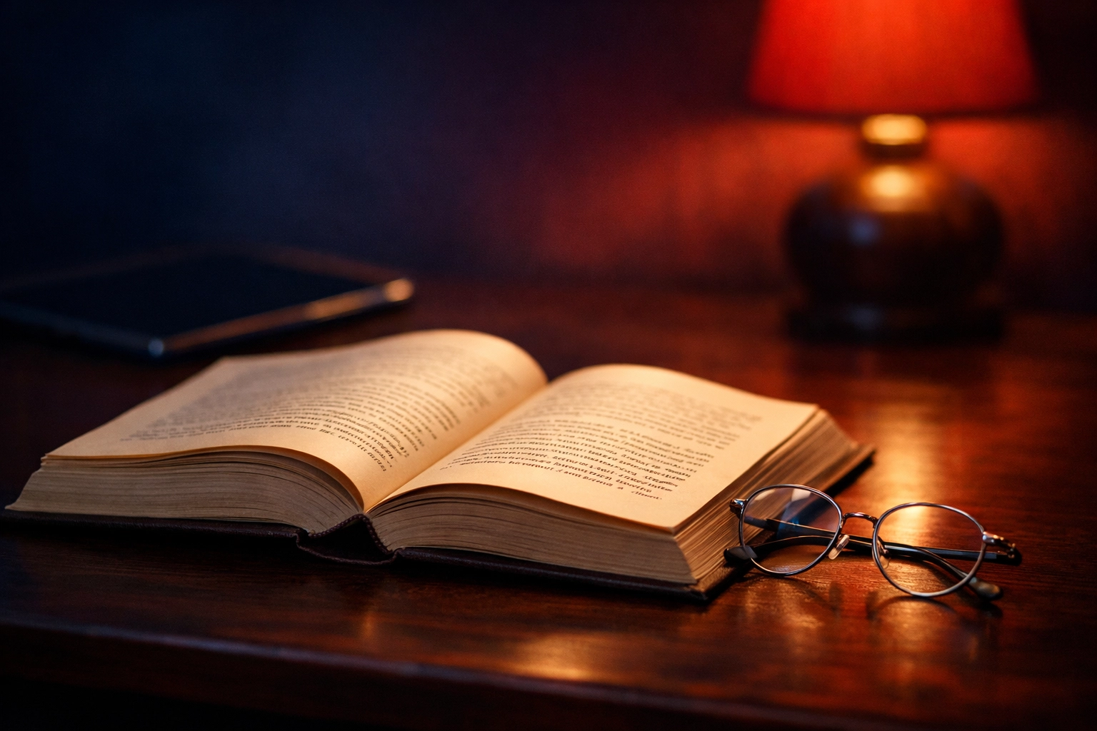 An open hardcover book and glasses on a desk under a warm lamp, symbolizing quiet literacy and deep study.