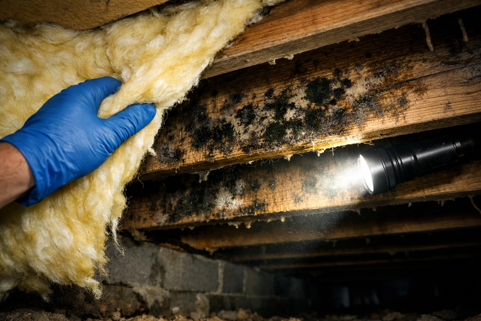 Professional inspection uncovering mold growth hidden behind damp Nashville crawl space insulation.