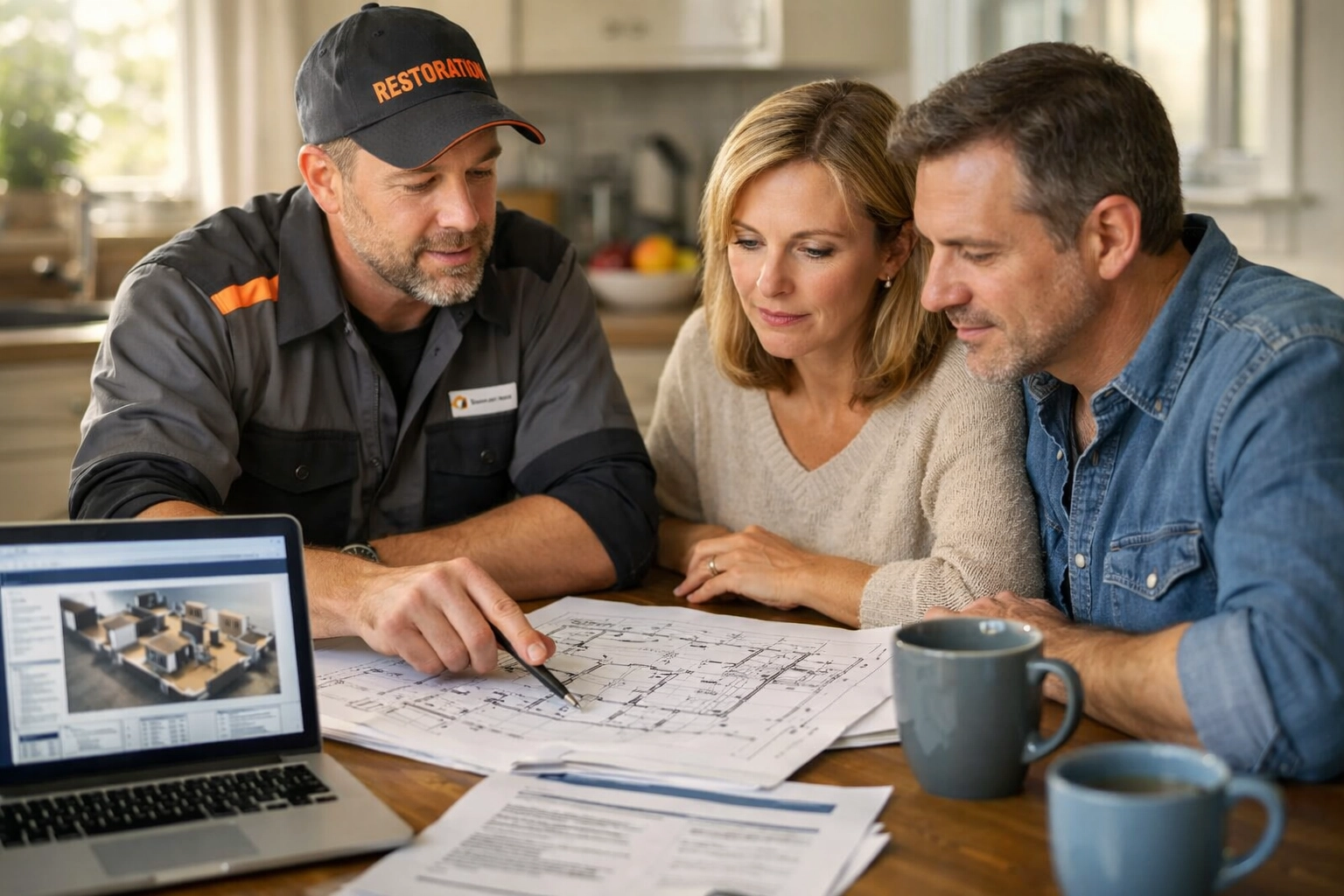 Homeowners consulting with fire reconstruction contractor about restoration plans