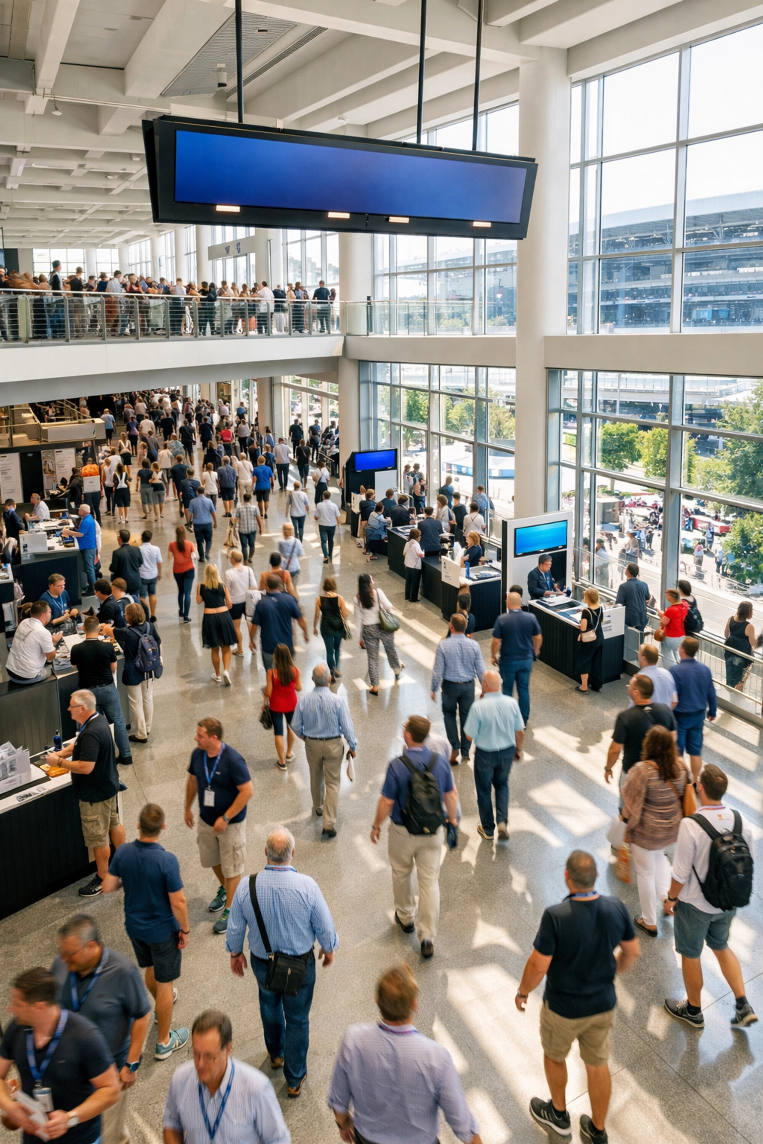 Strategic venue management showing seamless crowd flow and digital signage in a modern stadium concourse.