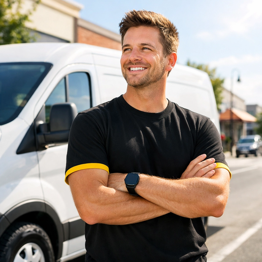 Confident business owner wearing a sharp uniform from a custom t shirt printing company.