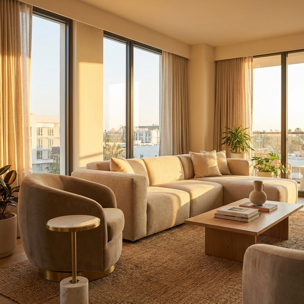 boutique guest room suite with custom hotel furniture—modular sofa, taupe swivel chair, brass and marble end table—echoing luxury lobby seating