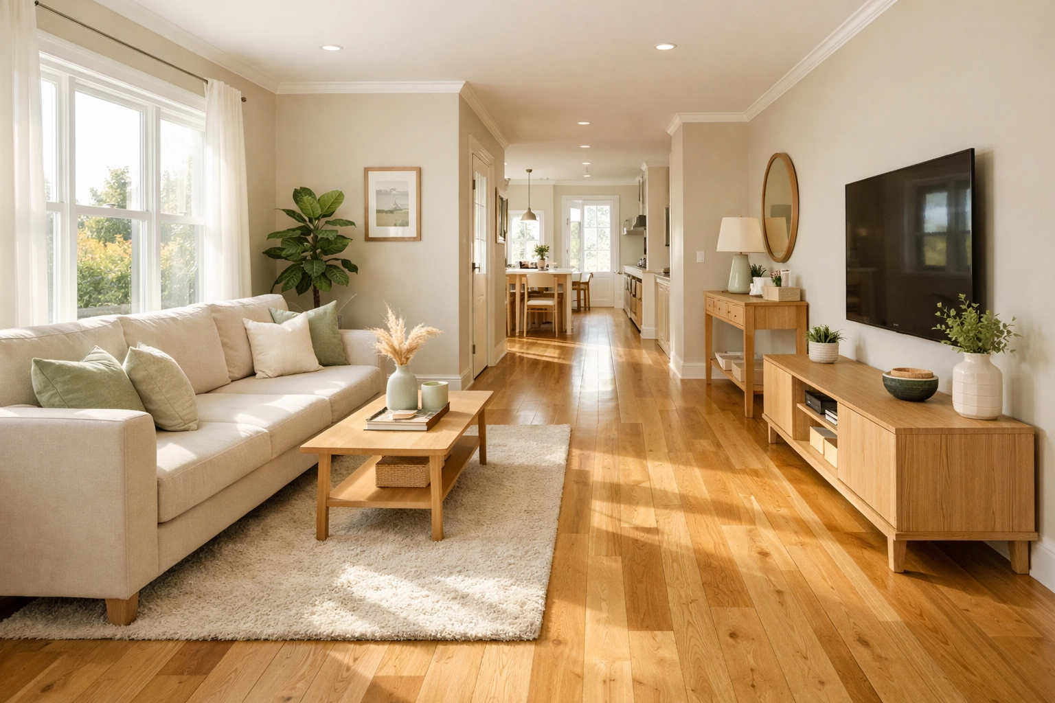 A tidy, sun-drenched living room with clear walking paths for home fall prevention.