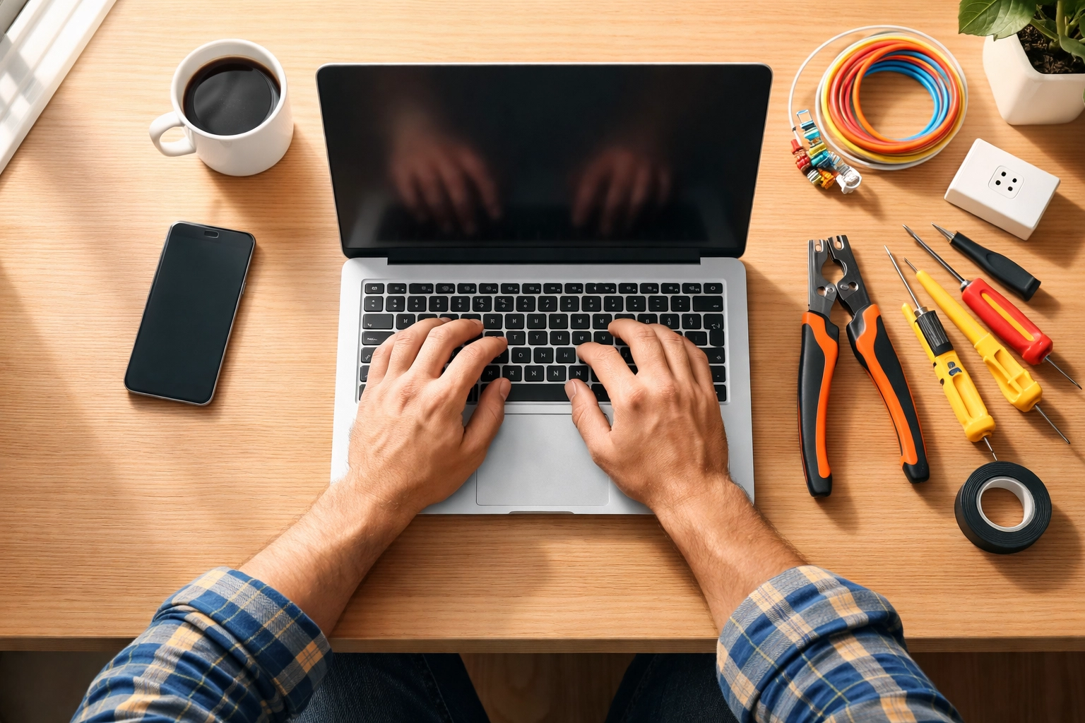 Electrician managing Google Business Profile on laptop with electrical tools nearby