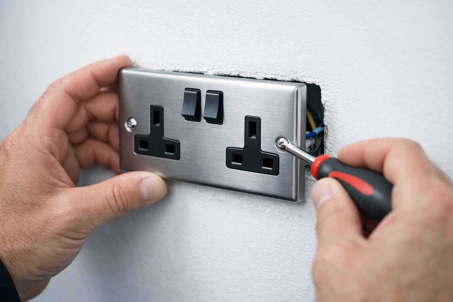Qualified electricians in Dorset installing modern power sockets for a home electrical refresh.