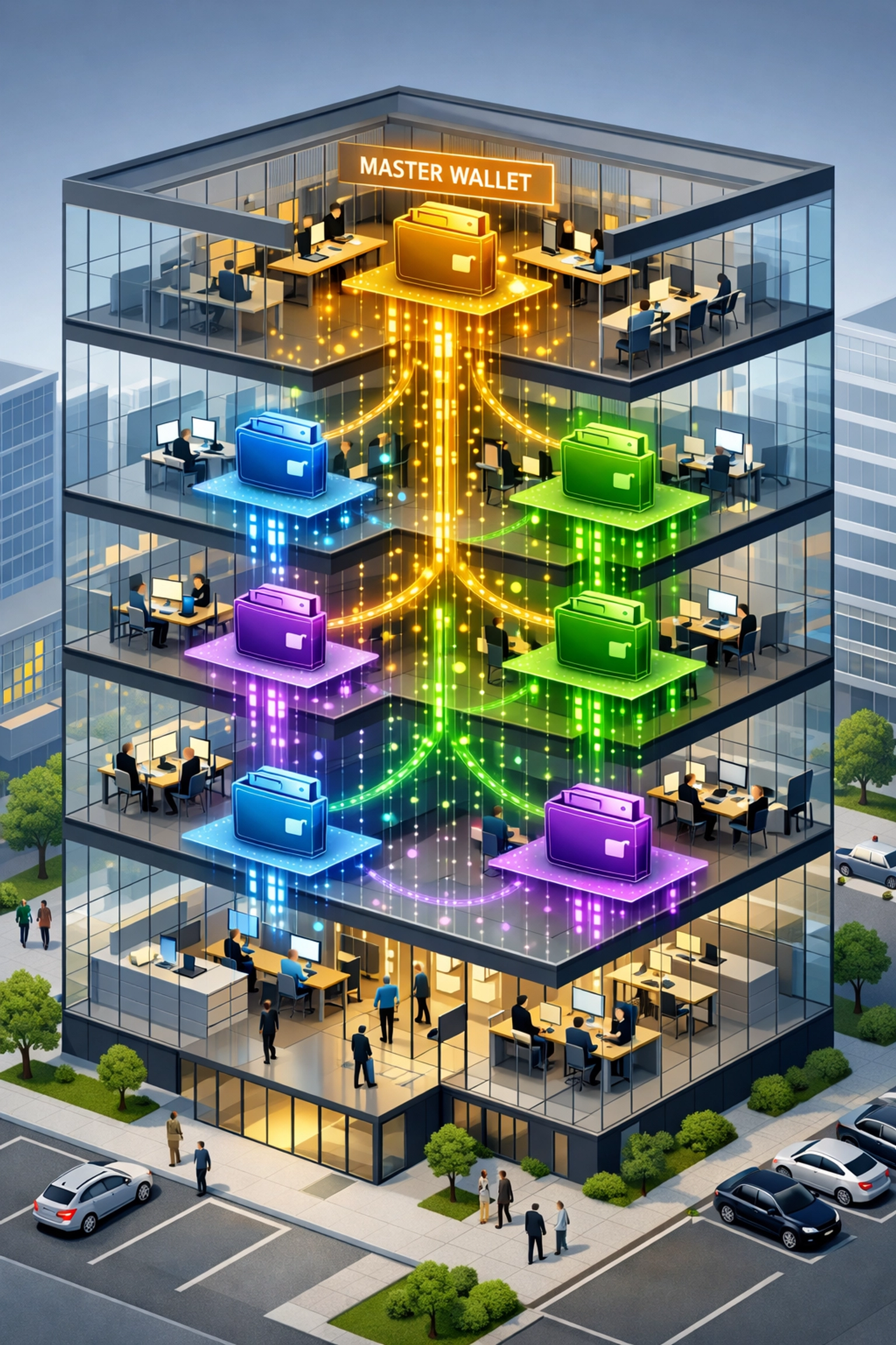 Enterprise master wallet architecture with sub-wallets across departments and locations