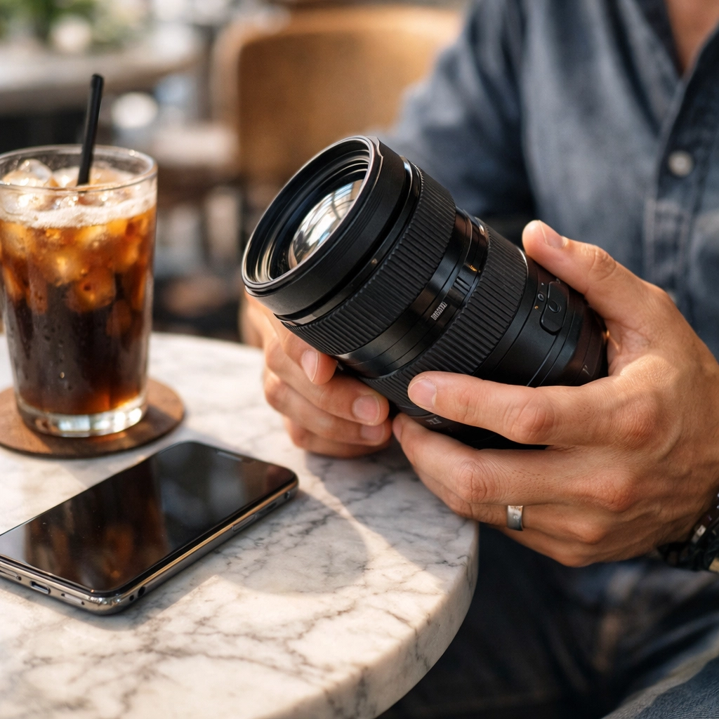 Freelance creator holding a camera lens while managing a professional photography booking experience.
