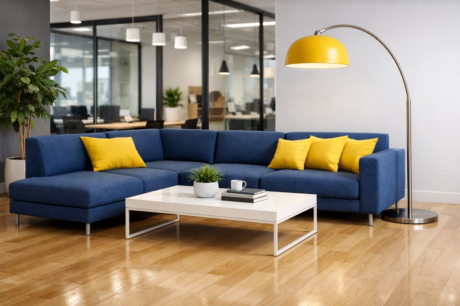 A clean, inviting office lounge area with polished wood floors and vibrant furniture promoting employee well-being.