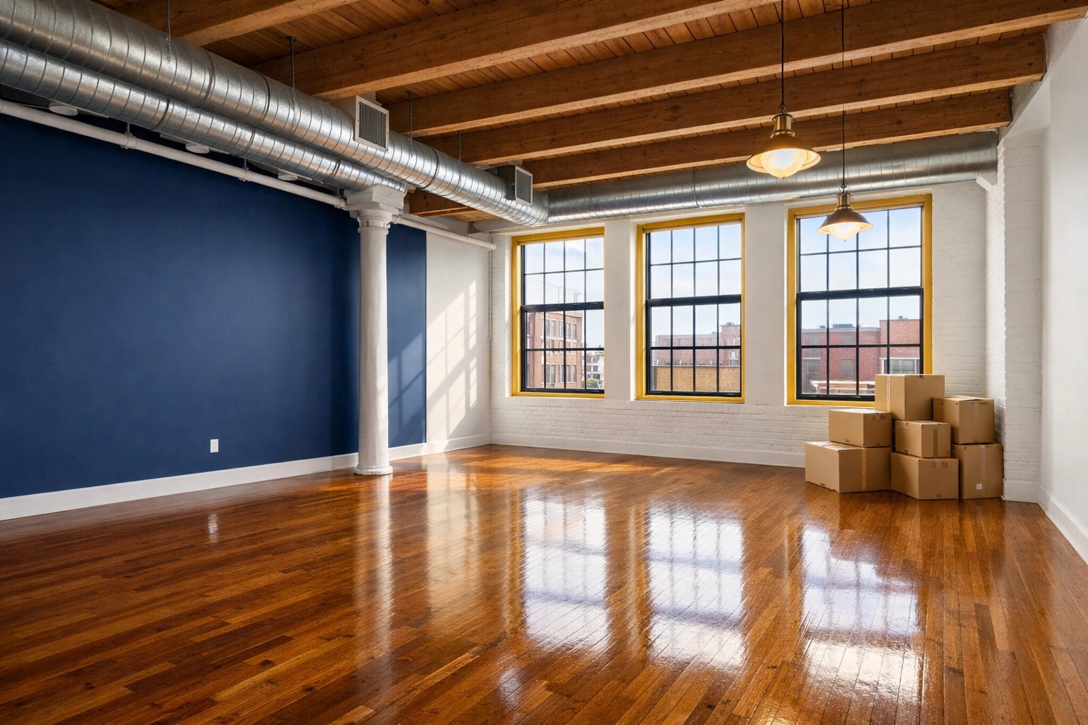 Clean industrial loft in Worcester MA with polished floors after a professional move-out cleaning.