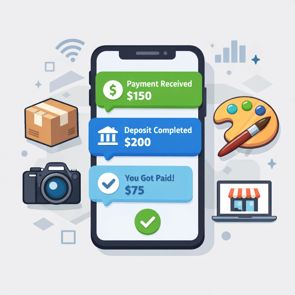 Digital payment notifications and side hustle icons representing New Haven gig worker income.