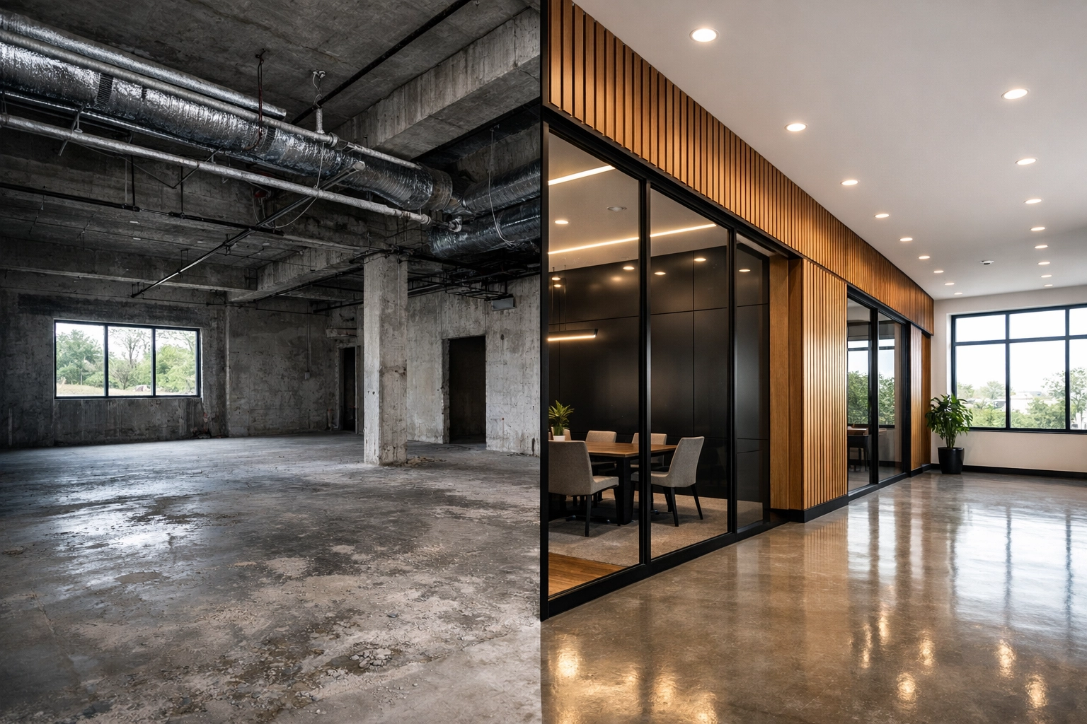 Professional tenant improvement transformation from raw industrial shell to modern custom office in Wilmington NC.