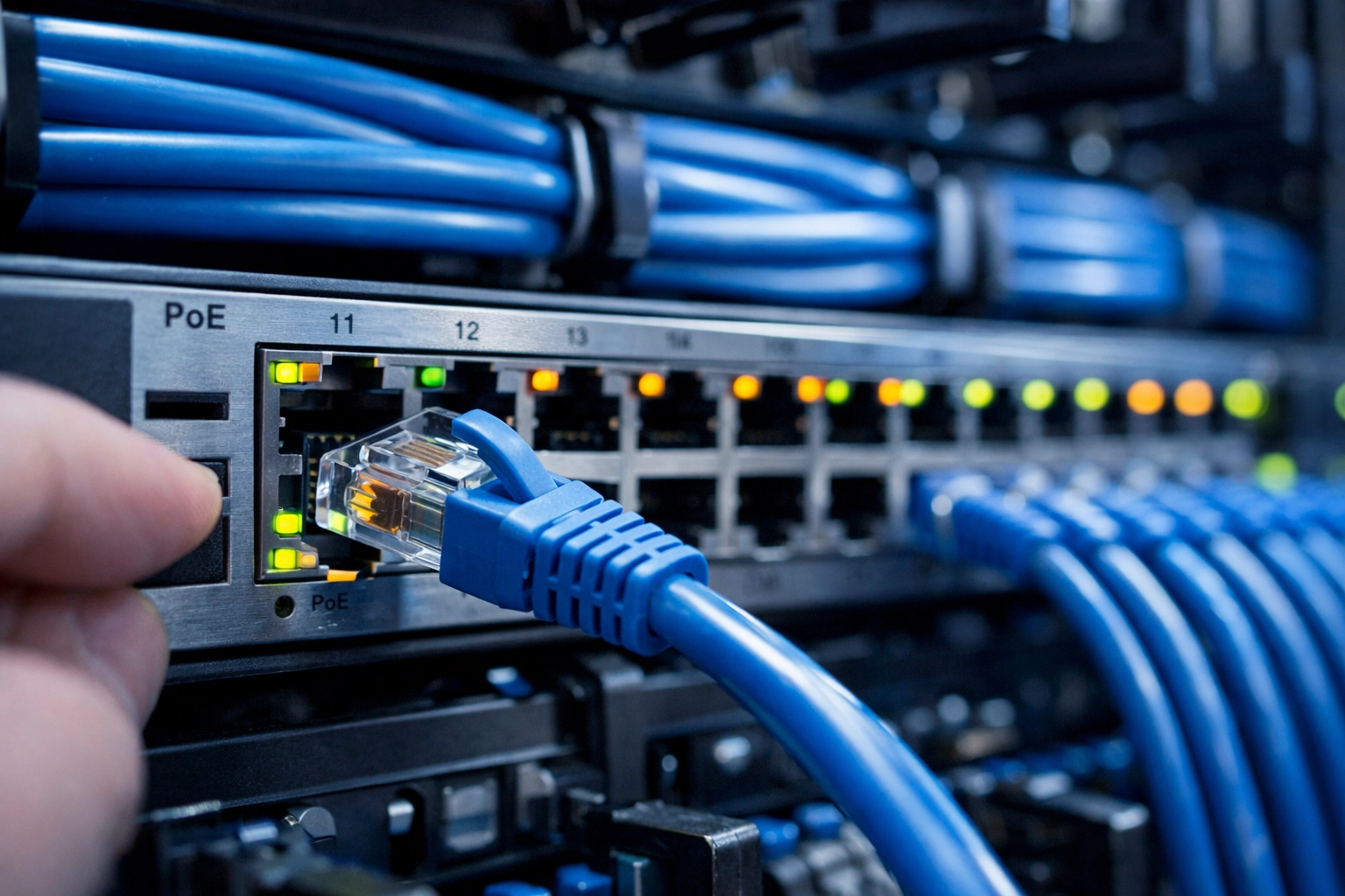 Professional network infrastructure installation with PoE switches and organized cabling
