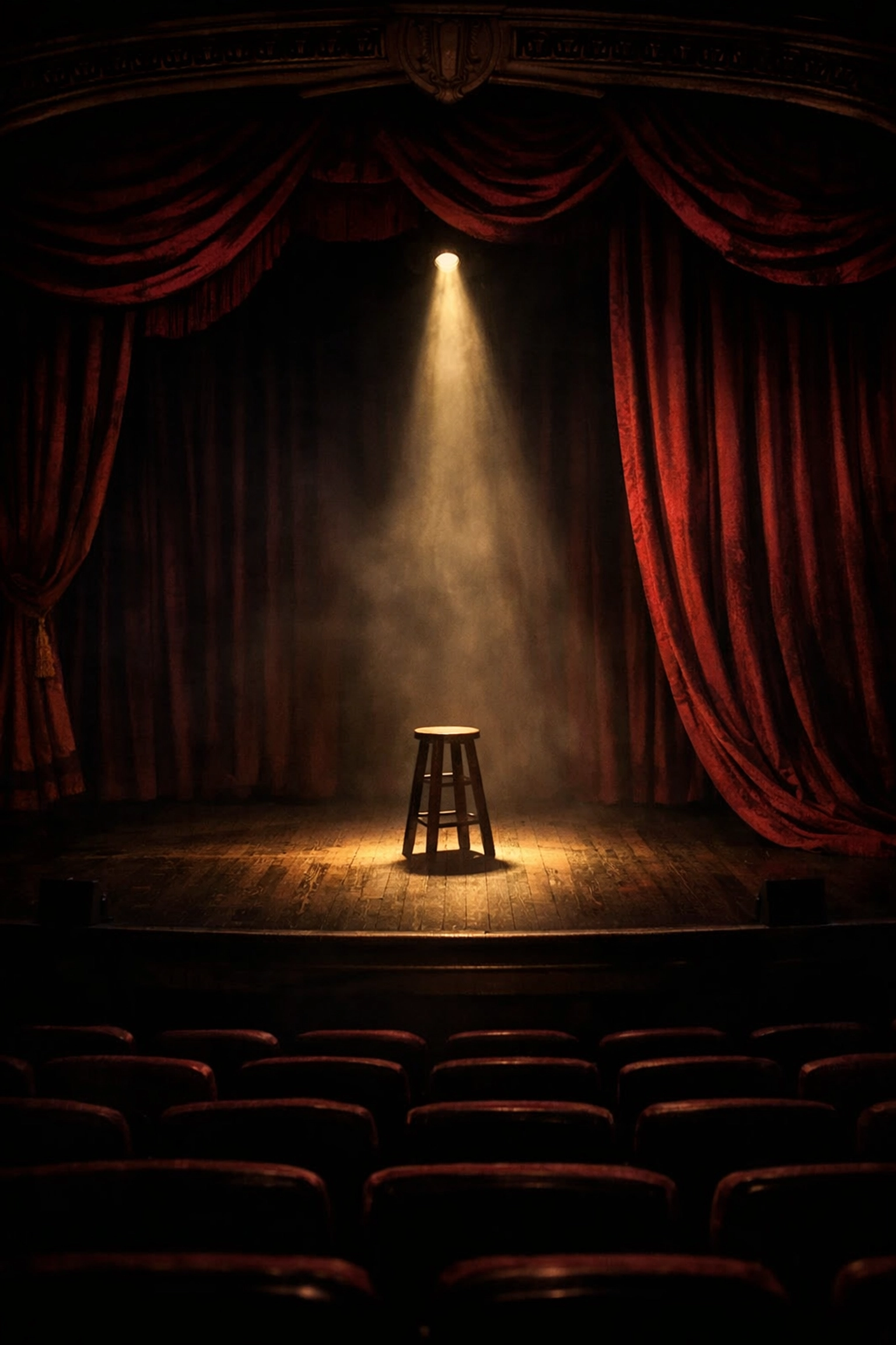 Empty 1920s Broadway stage with spotlight, symbolizing censorship era of gay theatre and LGBTQ+ erasure