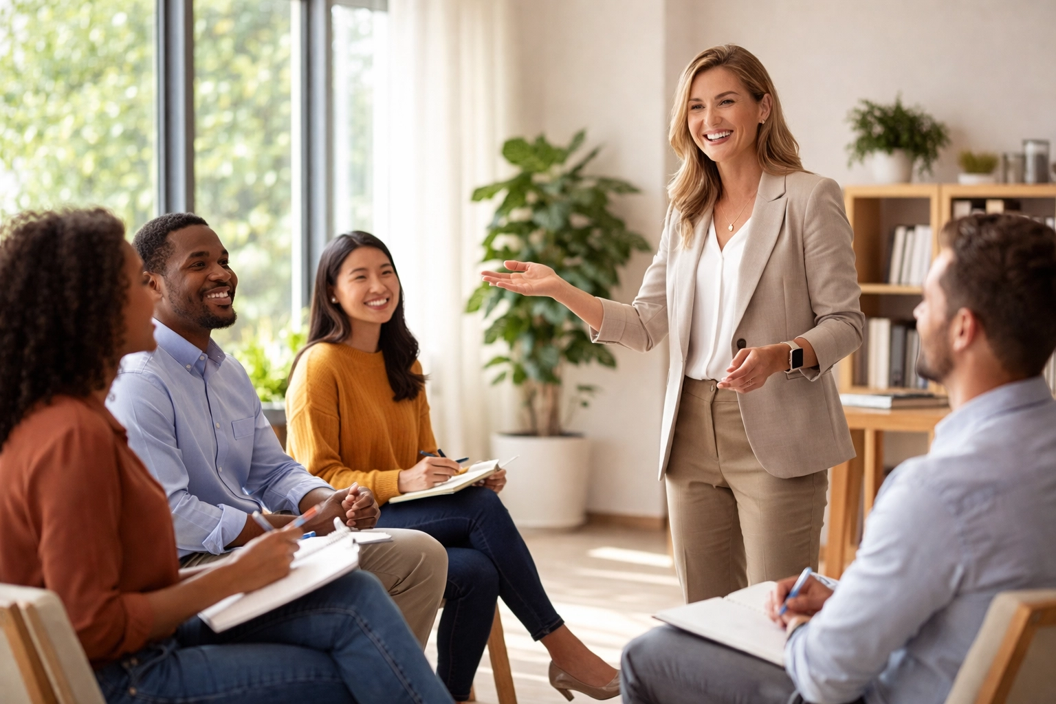 Faith-driven leader guiding engaged team through transformational leadership discussion