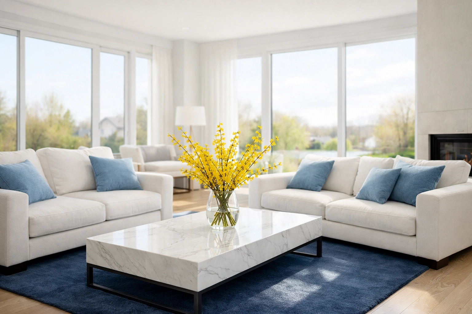 A spotless, sun-drenched Massachusetts living room refreshed by professional deep cleaning services.