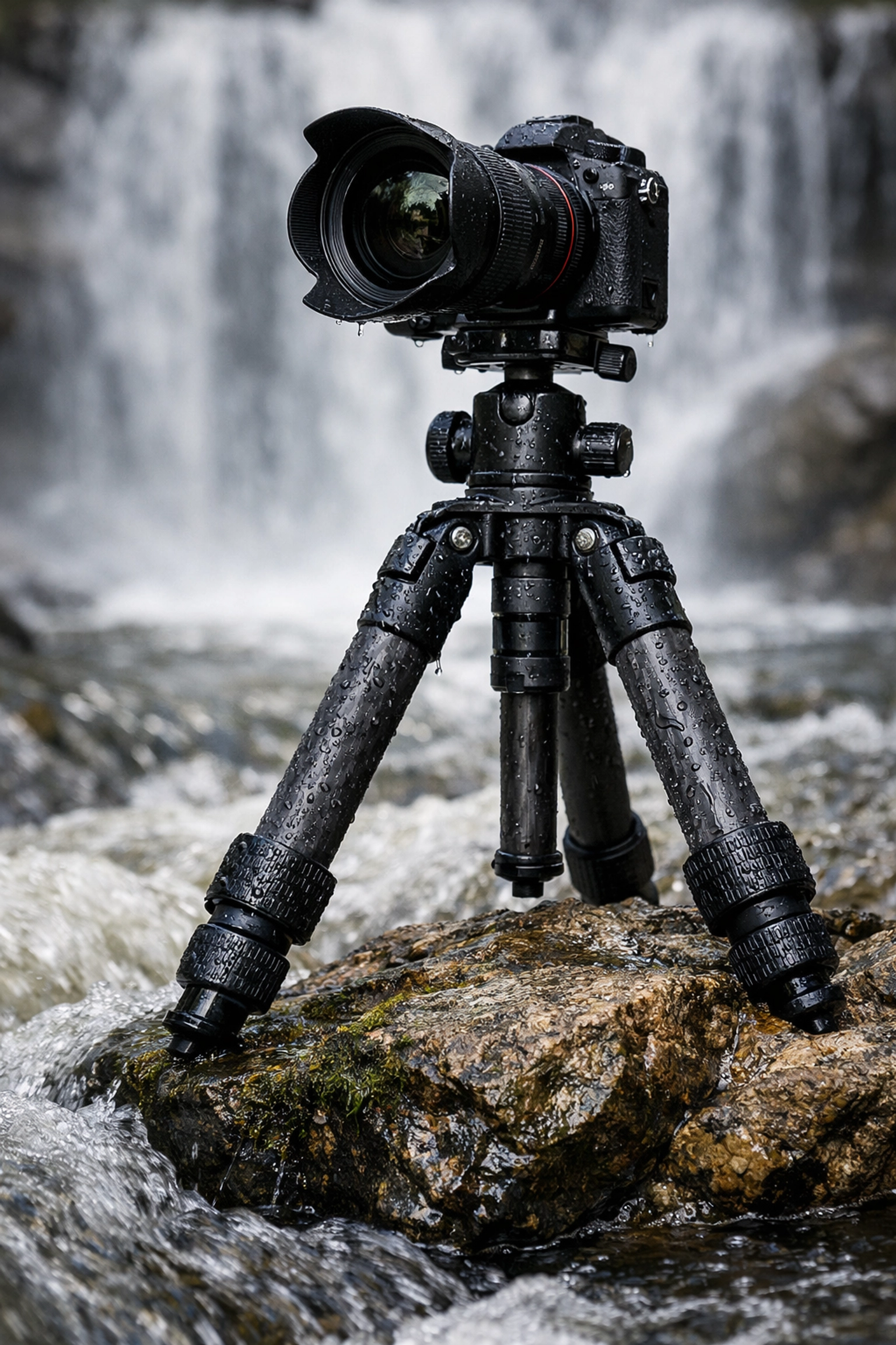 Sturdy carbon fiber tripod positioned for sharp waterfall landscape photography shots.