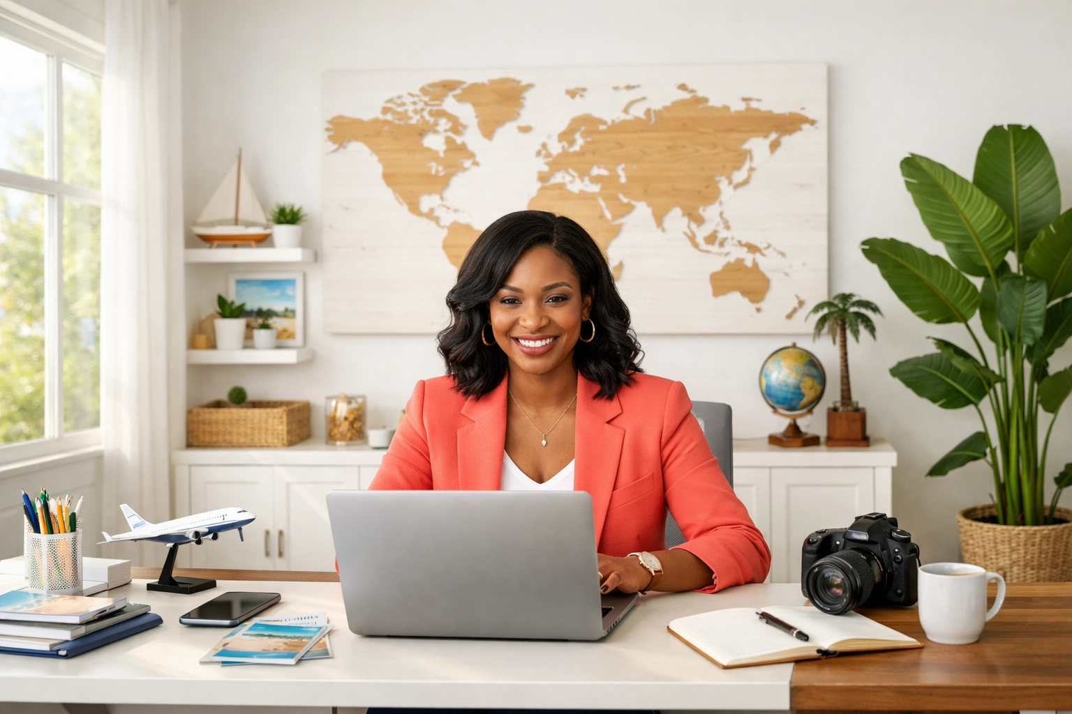 Omaha travel agent working in a bright office using a personal travel planner framework for client bookings.