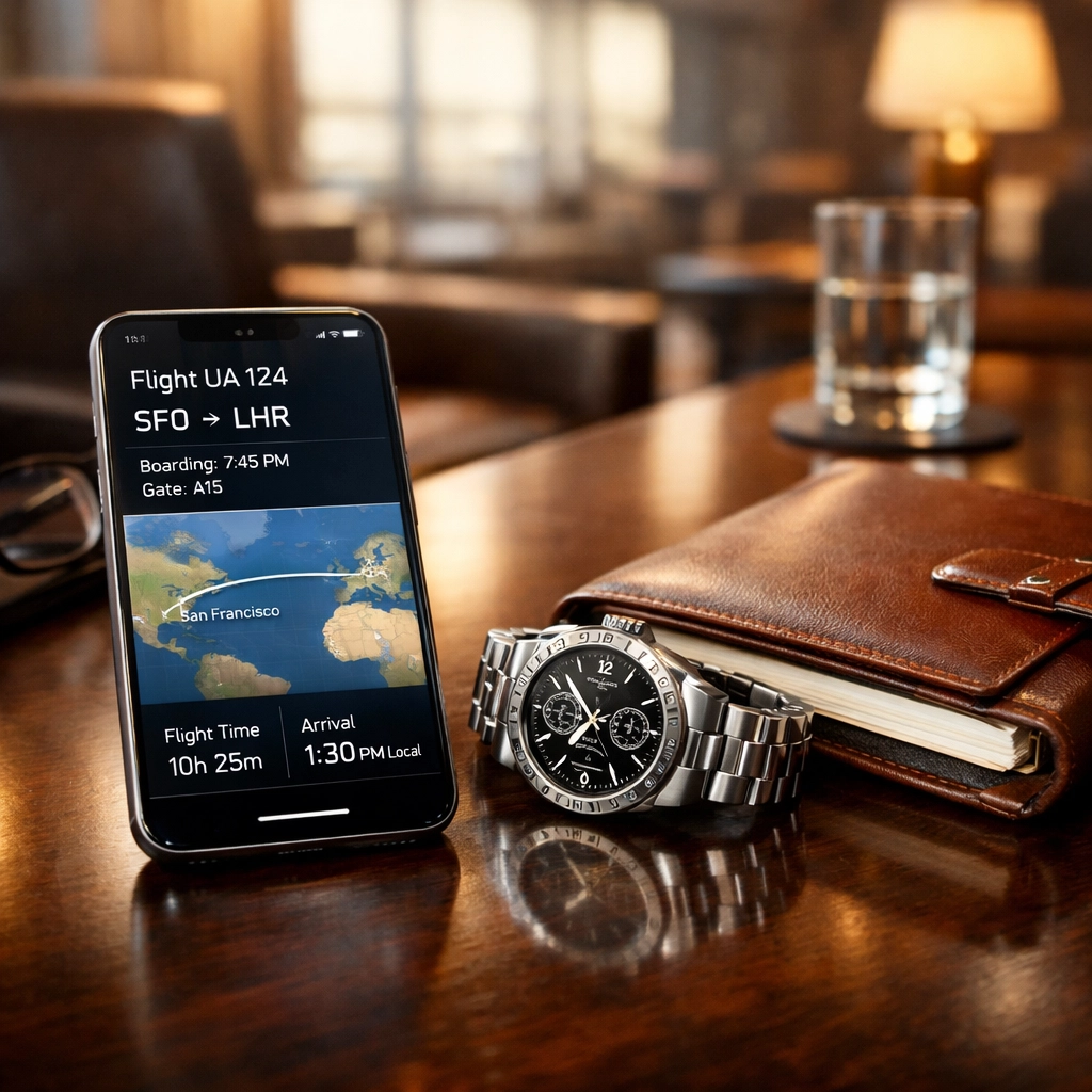 Professional executive travel essentials and itinerary planning in a luxury airport VIP lounge.