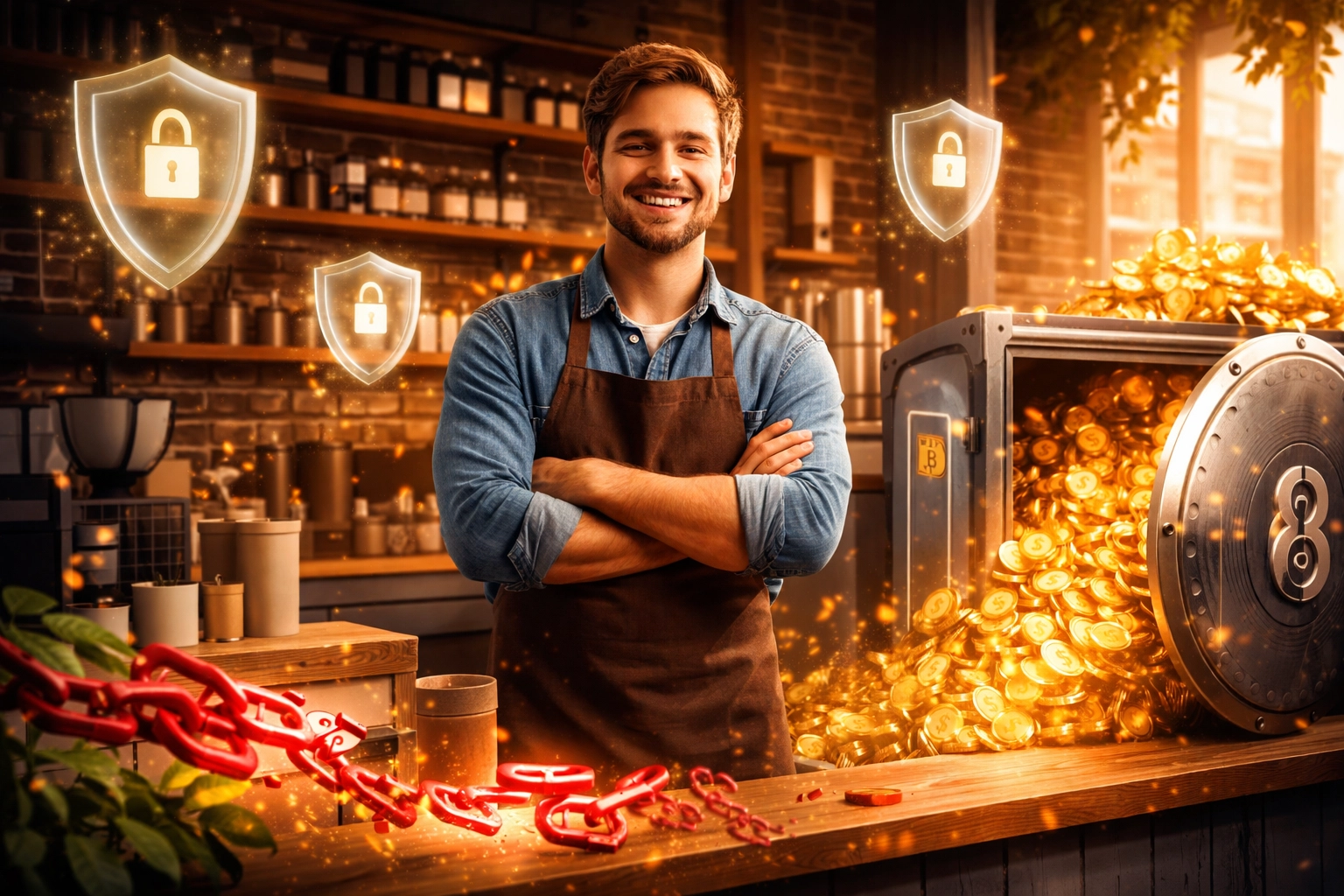 Small business owner protected by digital shields saving on payment fees using Larecoin crypto POS system
