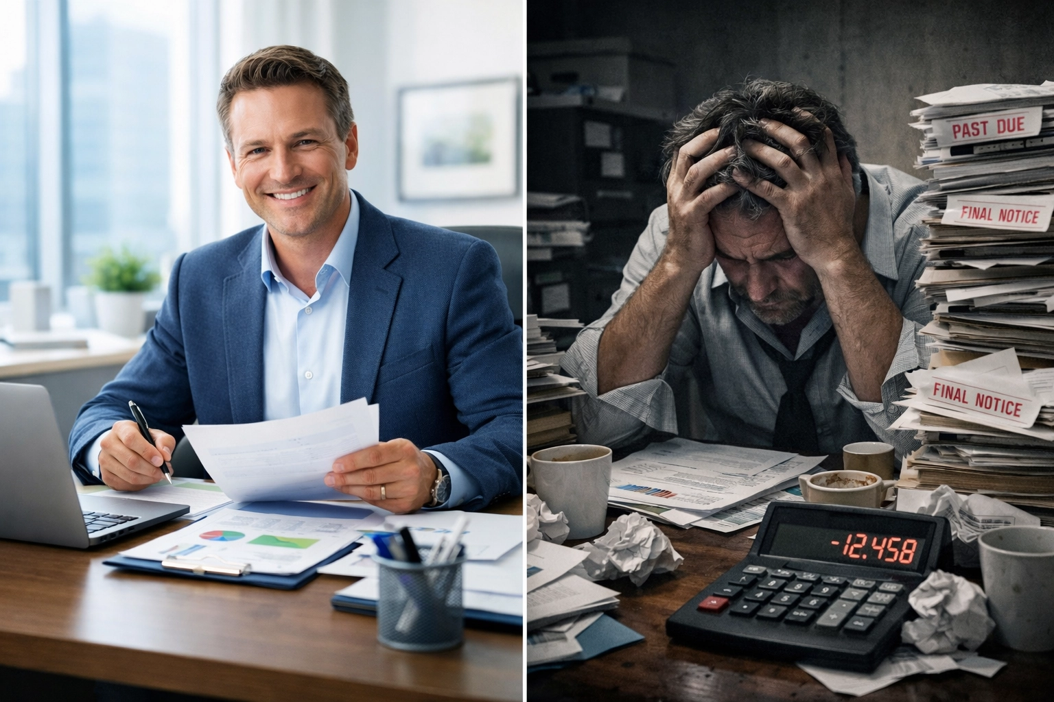 Comparison of organized business owner vs stressed entrepreneur with unpaid invoices and poor cash flow