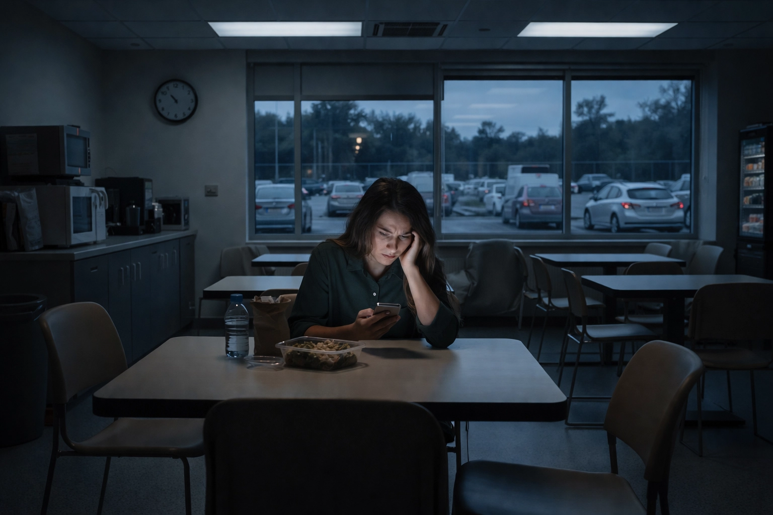 A worker sits alone in a break room looking worried, highlighting job insecurity and uncertainty in part-time work.
