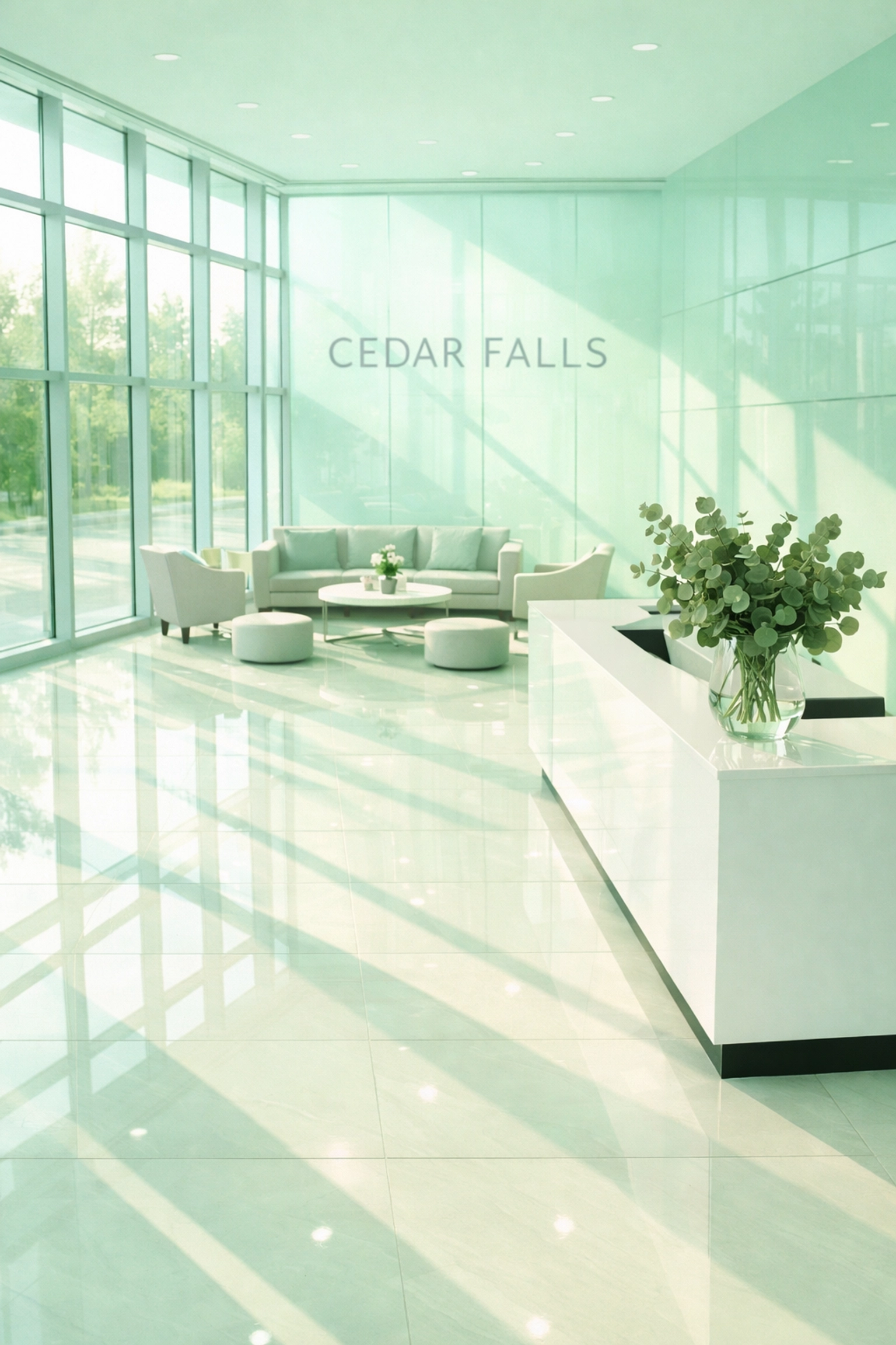 Pristine office lobby with polished floors showcasing professional commercial cleaning in Cedar Falls.