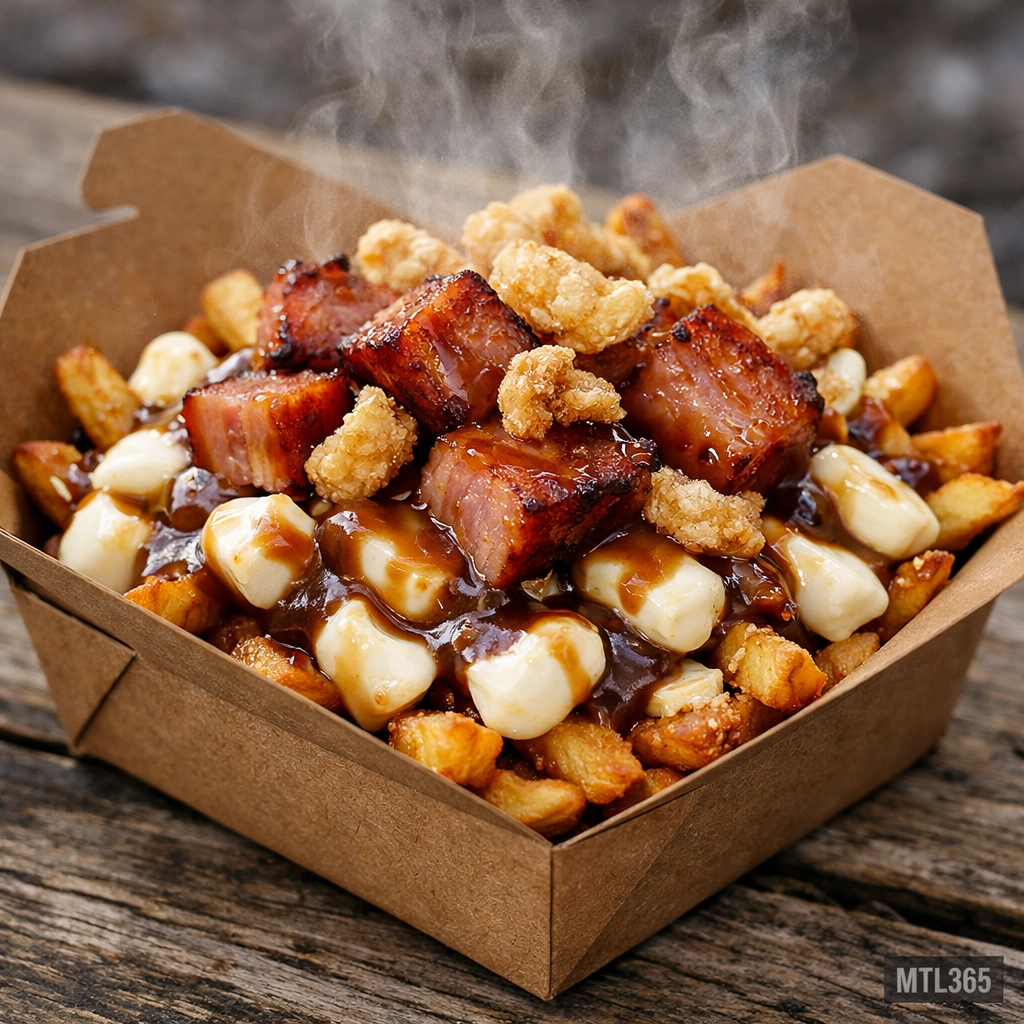 Steaming sugar shack poutine with maple-glazed ham and cheese curds in Montreal.