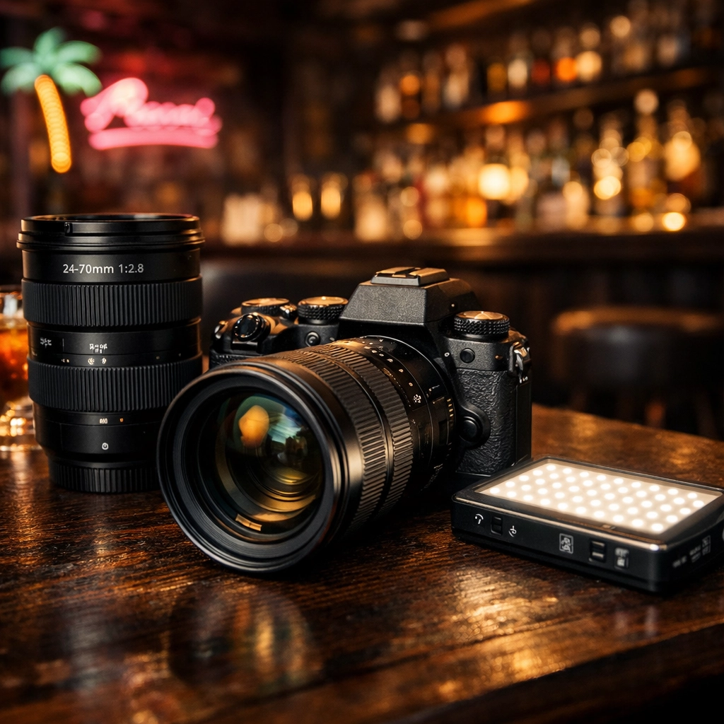 Essential photography gear with mirrorless camera and lens for low-light shoots in Miami speakeasies.