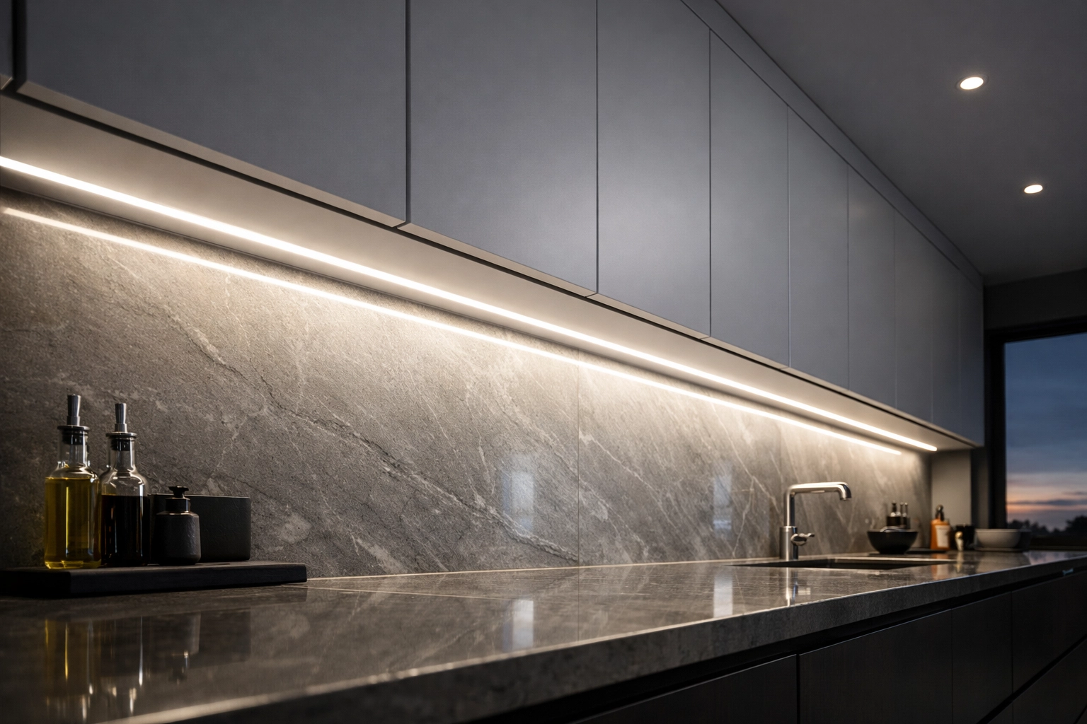 Linear LED lighting under kitchen cabinets providing a smooth glow without visible hotspots.
