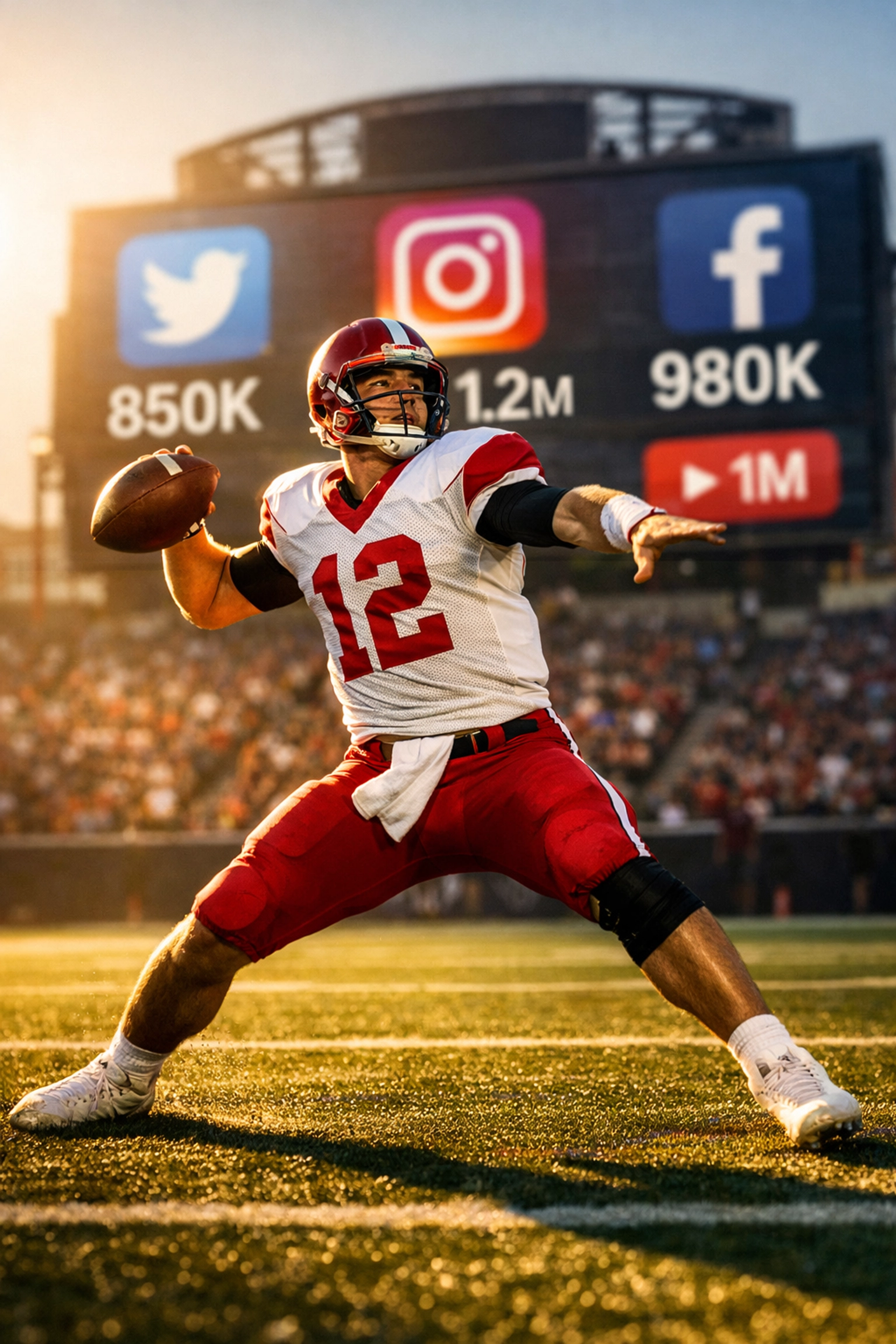College quarterback with NIL social media presence on stadium scoreboard
