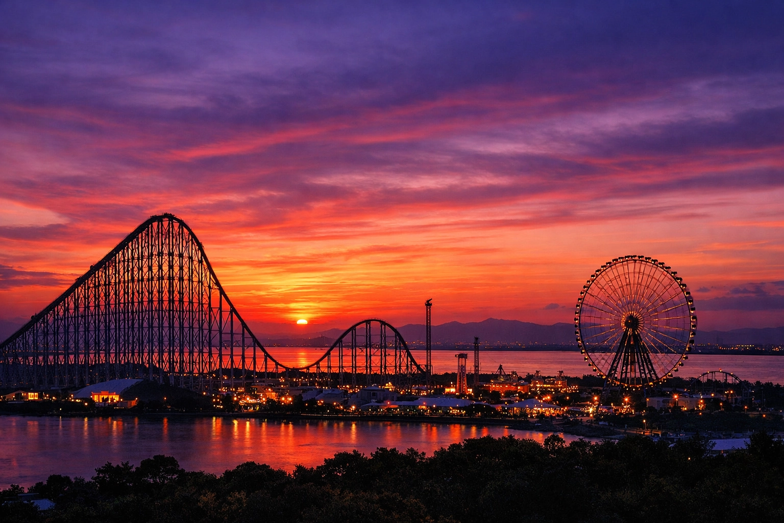 Sunset silhouette of Nagashima Spa Land's skyline, highlighting premier photo spots over the coast of Ise Bay.