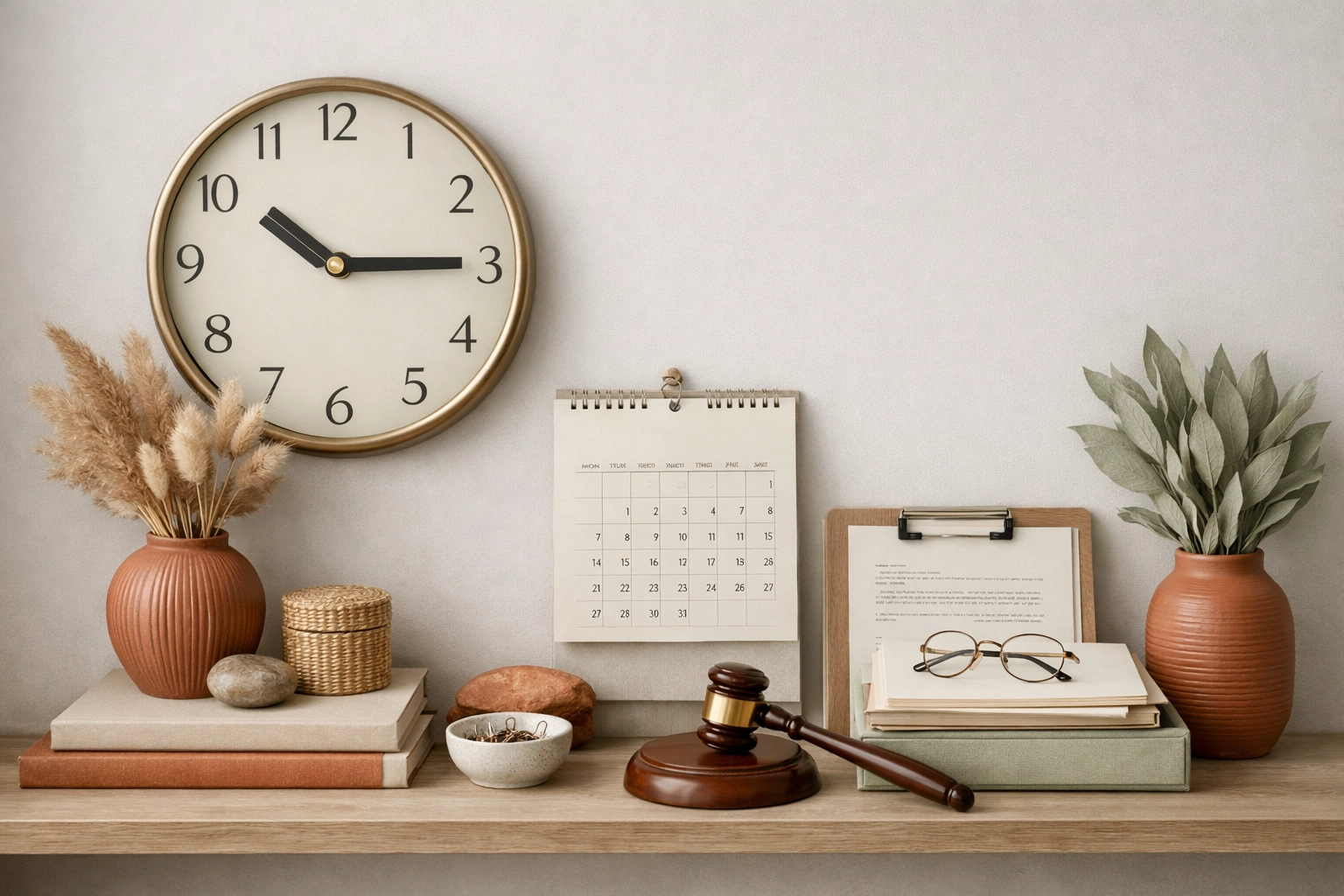 A wall clock and paper calendar styled with cream, sage, and terracotta tones in a calm office setting.