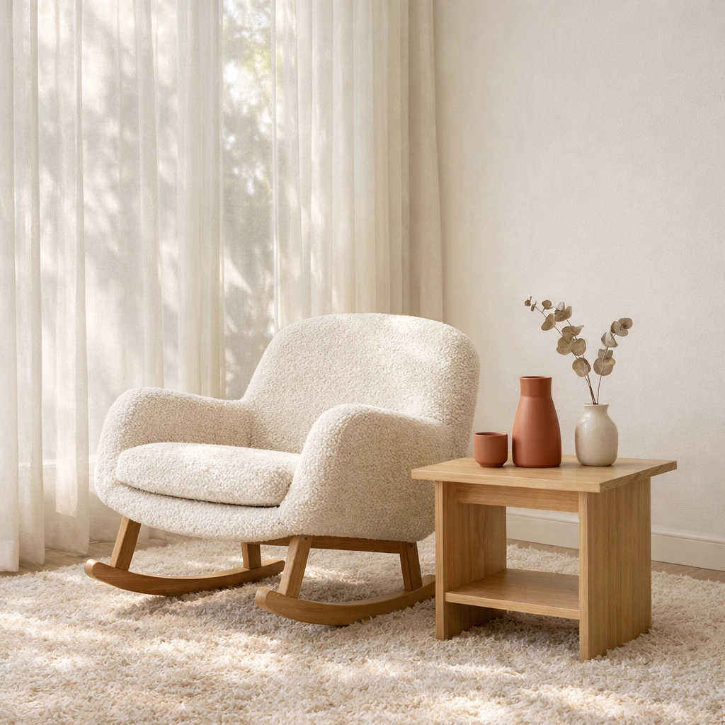 A minimalist feeding sanctuary featuring a cream rocking chair and side table in a sunlit postpartum nursery.