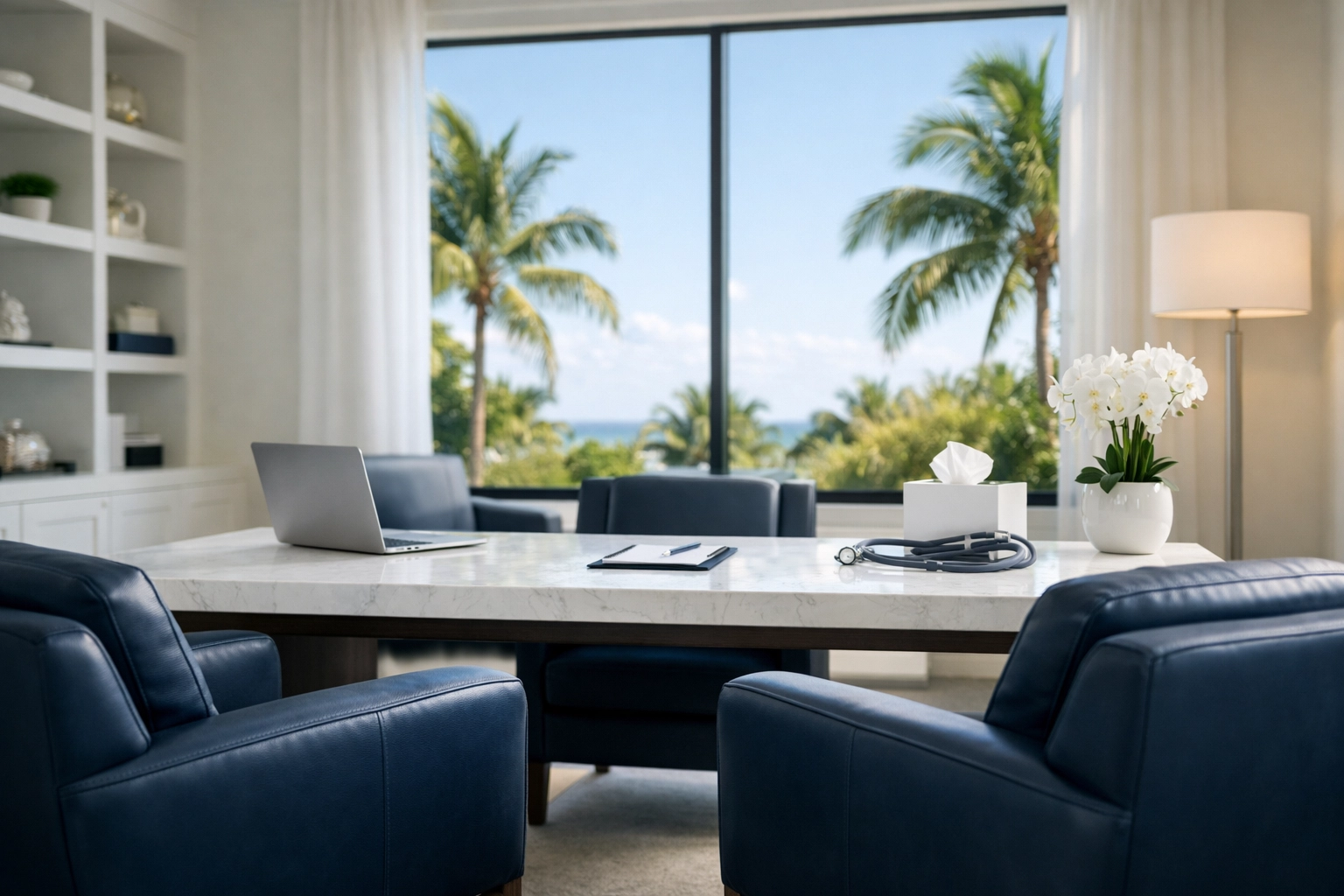 Luxury concierge medical consultation suite in Naples FL featuring a modern office and tropical palm tree views.