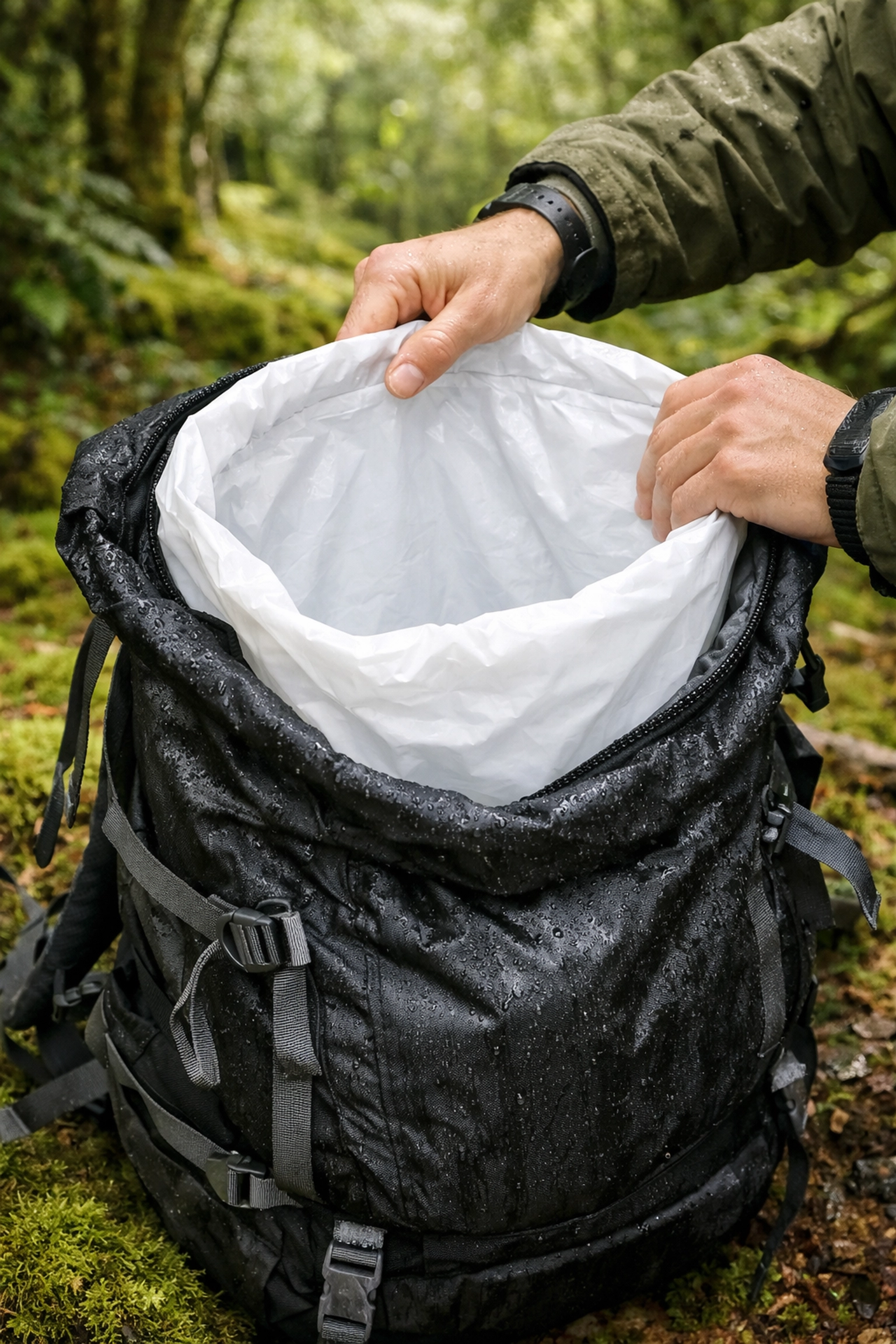 Hiker placing a waterproof dry-bag liner inside a rucksack to protect gear while wild camping in the UK.