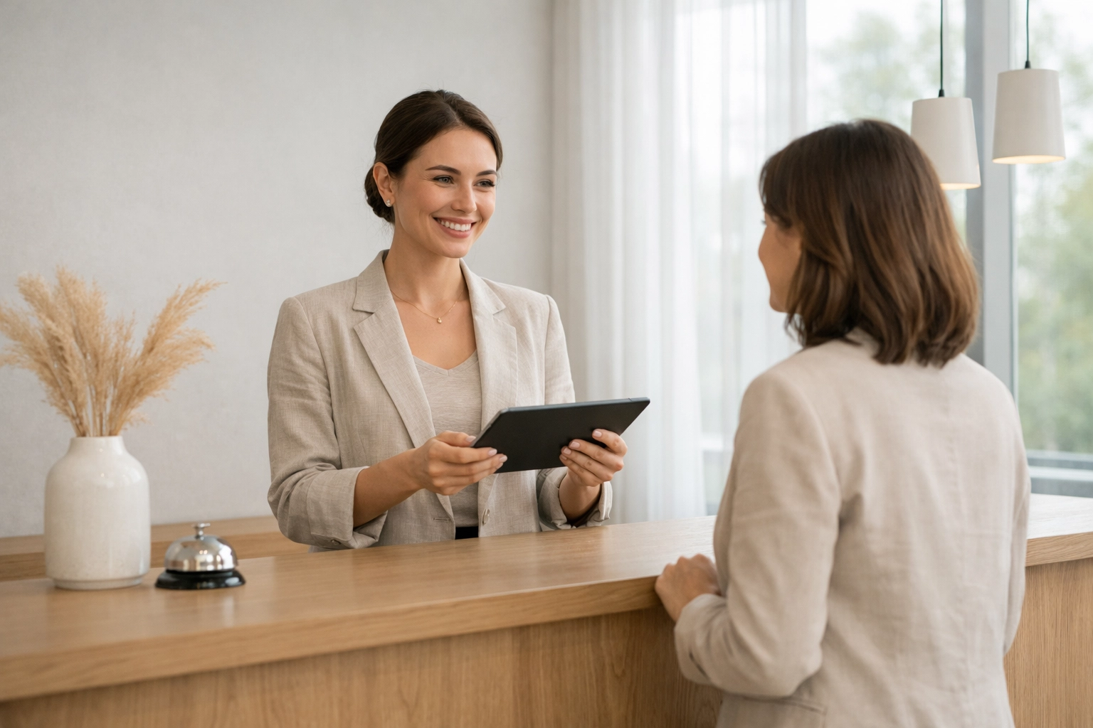 Modern hotel staff using a tablet at a minimalist reception desk for efficient guest service.