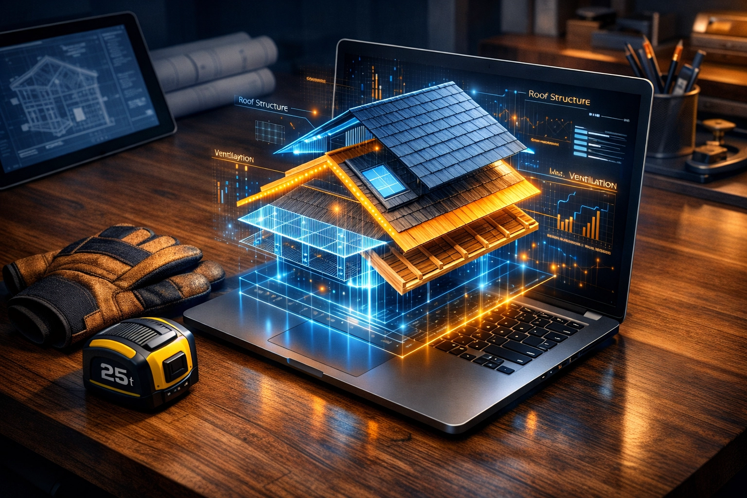 High-tech roofing expertise showing a detailed digital model of roof layers for professional education.