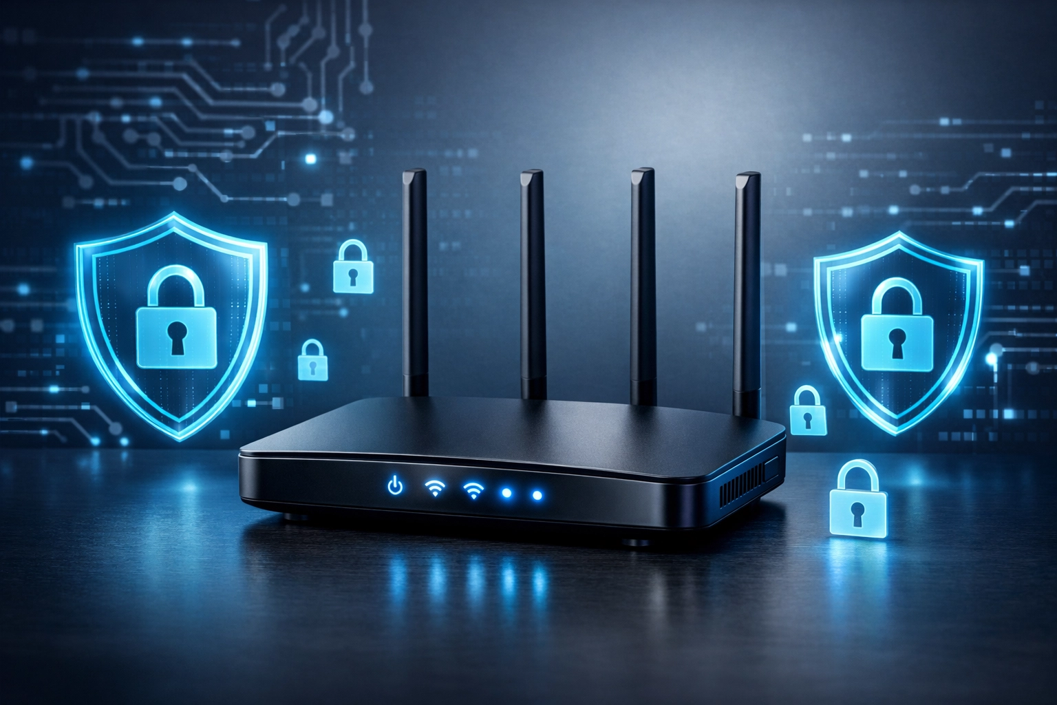 Secure wireless router with security shields representing firmware updates and network protection