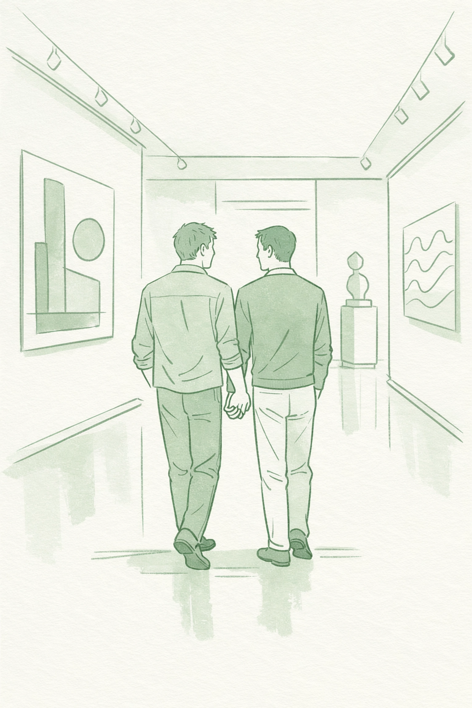 MM couple holding hands at art gallery representing emotional gay romance